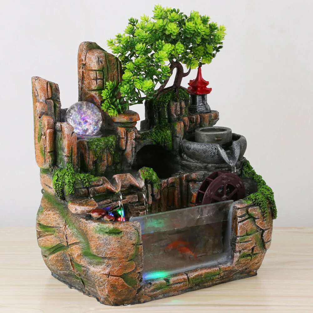 OUKANING Indoor Rockery Fountain Waterfall Feng Shui Water Fountain Home Office Desktop