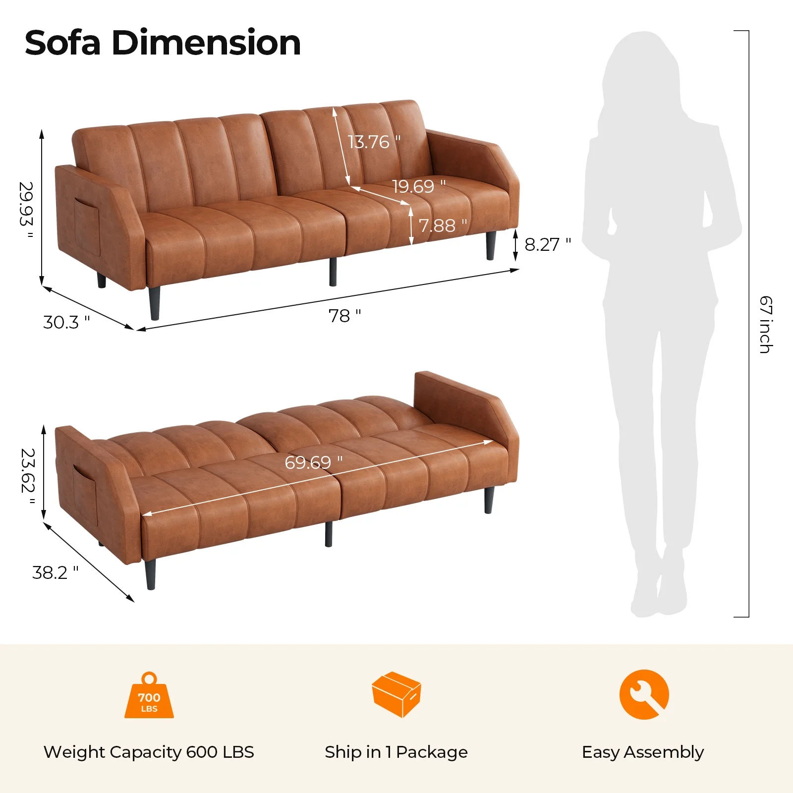 COPIAE Faux Leather Sofa Bed, 78�� Futon Sofa Bed, Adjustable Futon Set Backrest, Sleeper Sofa Couch, Modern Decor Love Seat Couches, Upholstered Couch for Living Room, Bedroom, Light Brown