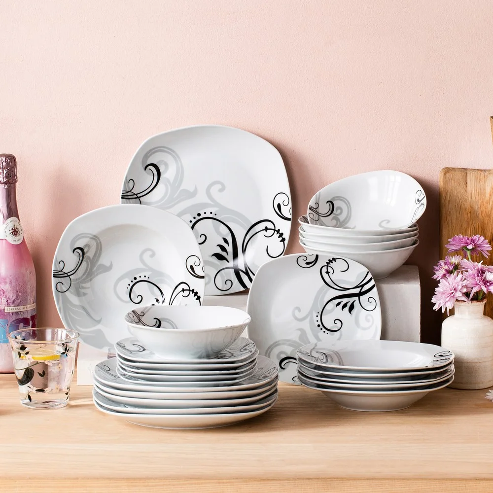 VEWEET ZOEY 24Pc Dinnerware Set Porcelain Tableware Plate Bowl Set Service for 6