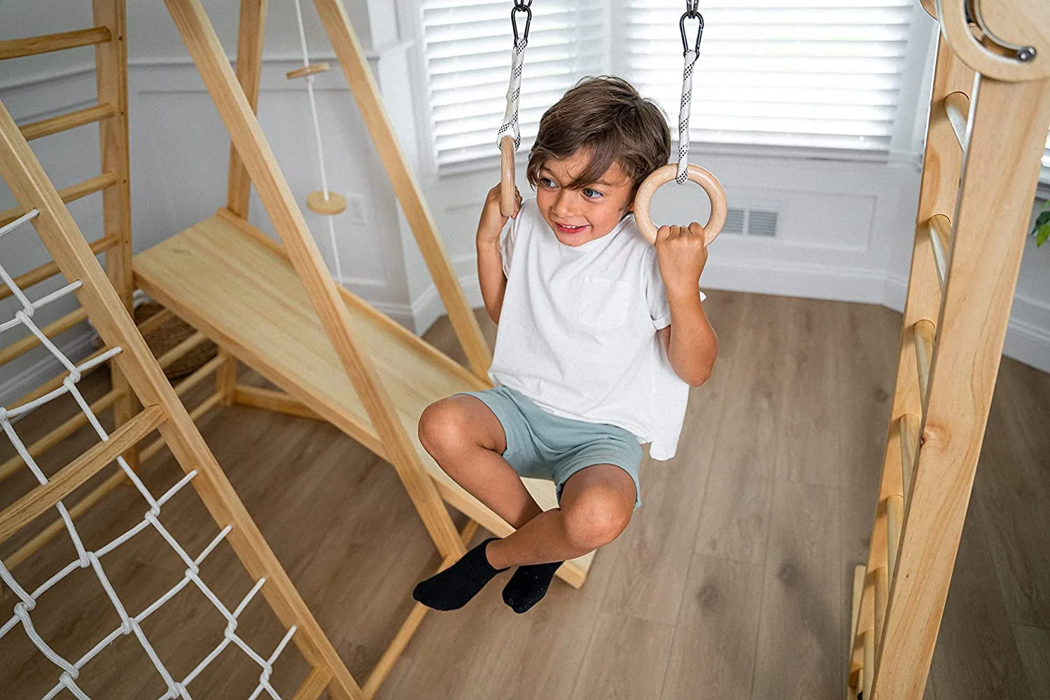 Avenlur Chestnut - The Ultimate Indoor 7-in-1 Playset and Foldable Jungle Gym for Kids Aged 2-8 with Slide, Rock Climb Wall, Climbing Ladder, Rope Net, Monkey Bars, Swing, and Ninja Ring - USA Company