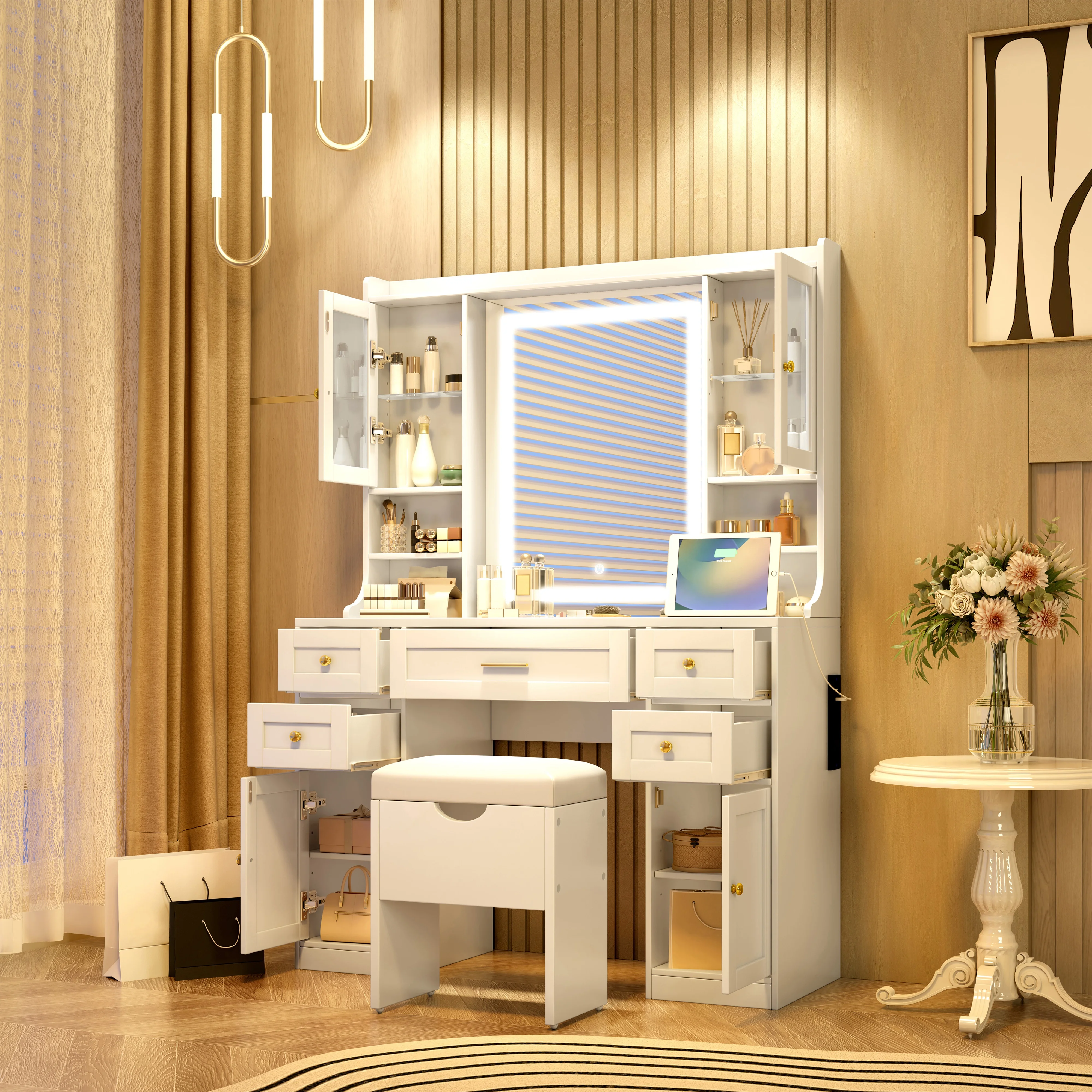 PORKISS Makeup Vanity with Mirror, Vanity Desk Set with 3 Colors Lights, Charging Station and Cushioned Storage Stool, Modern Dressing Table with 5 Drawers and 4 Cabinets for Bedroom, White