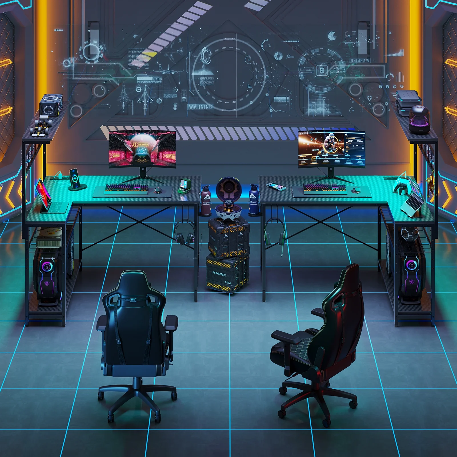 Bestier 51 L Shaped Gaming Desk with Power Outlets & LED Light, Computer Desk with 4 Tiers Shelves for Home Office, Reversible Gamer Table with Hooks and Cup Holder, Carbon Fiber