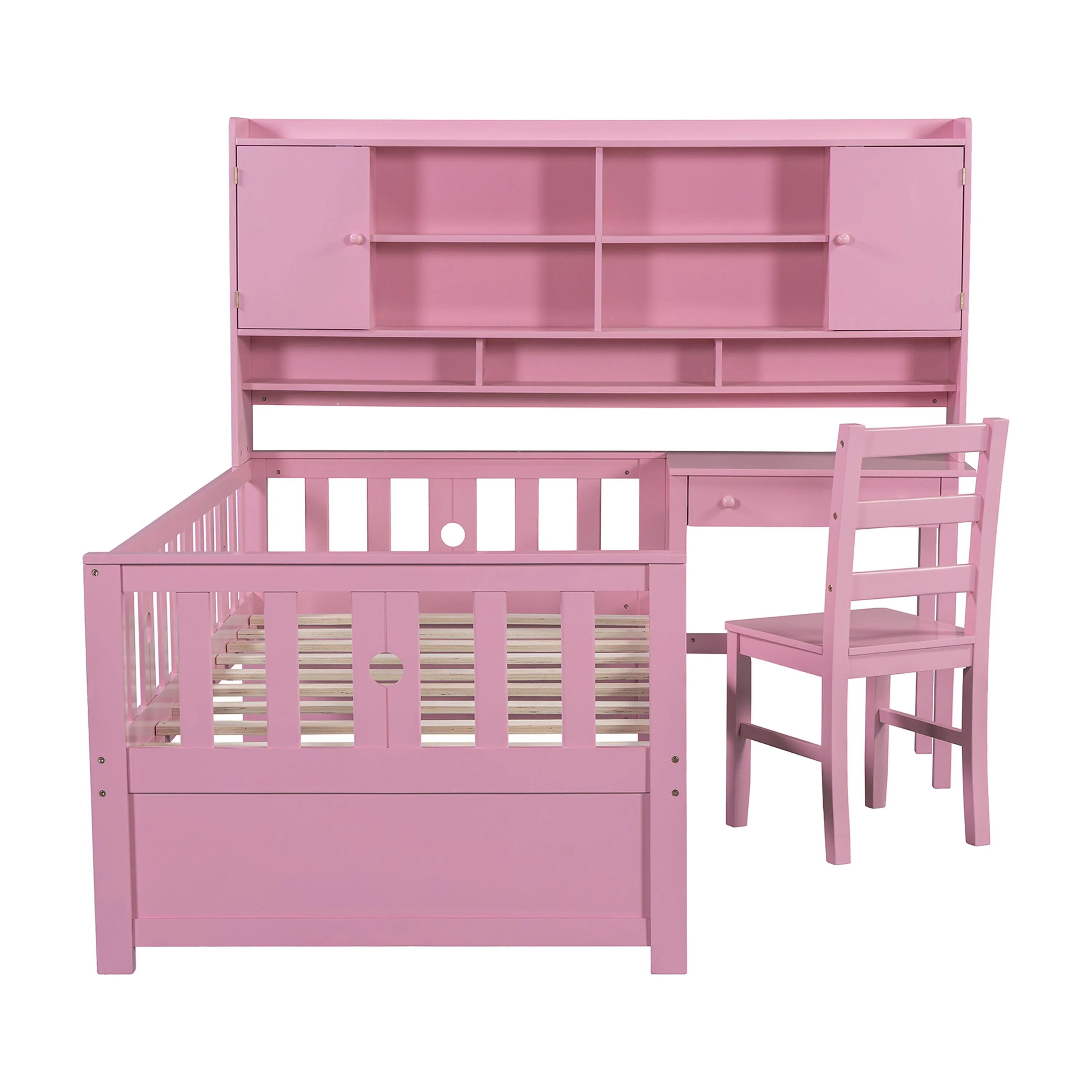 Euroco Wood Twin Size Platform Bed with Desk and Shelves, Table and Chair Set for Kids, Natural