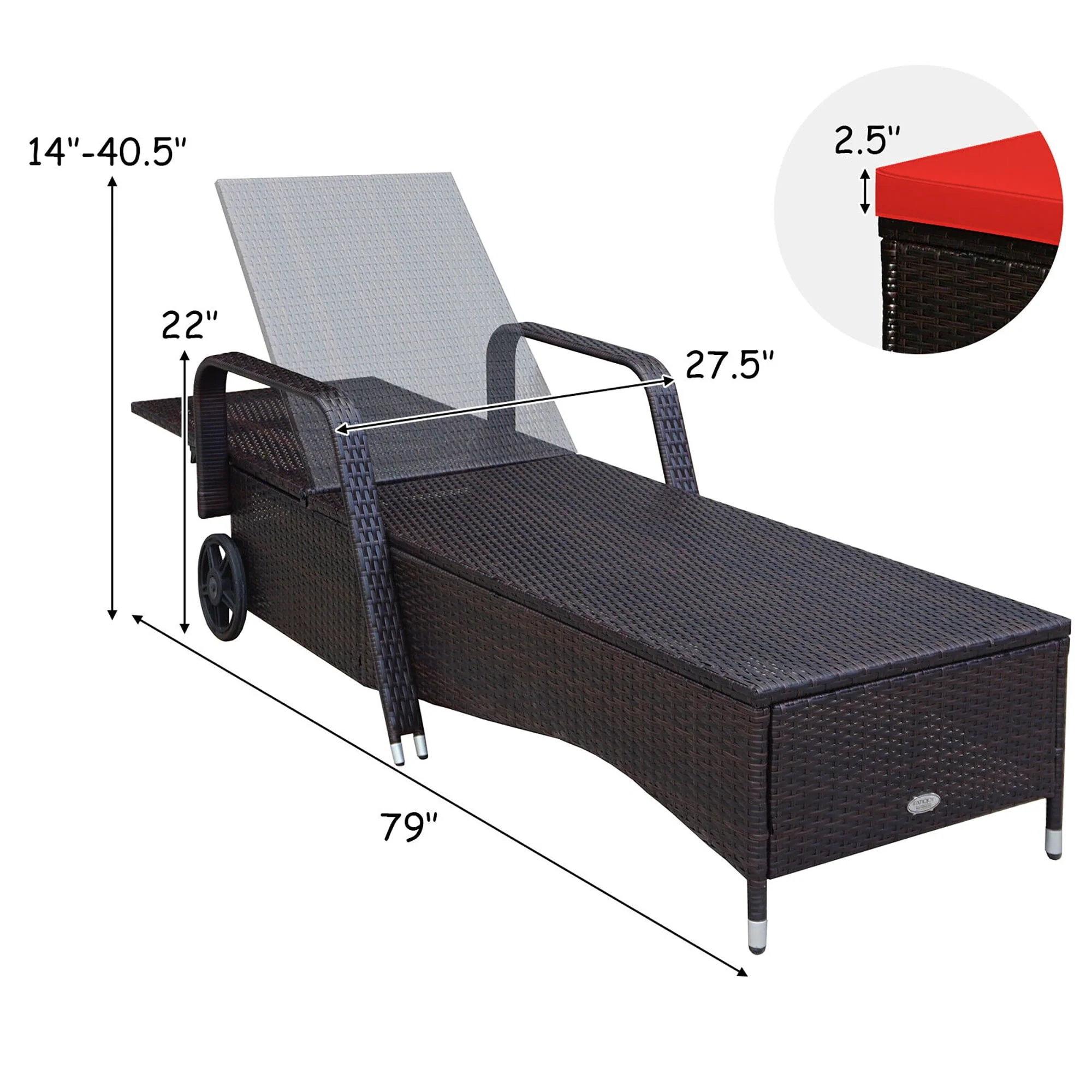 Gymax 2PCS Cushioned Outdoor Wicker Lounge Chair w/ Wheel Adjustable Backrest Red & Off White