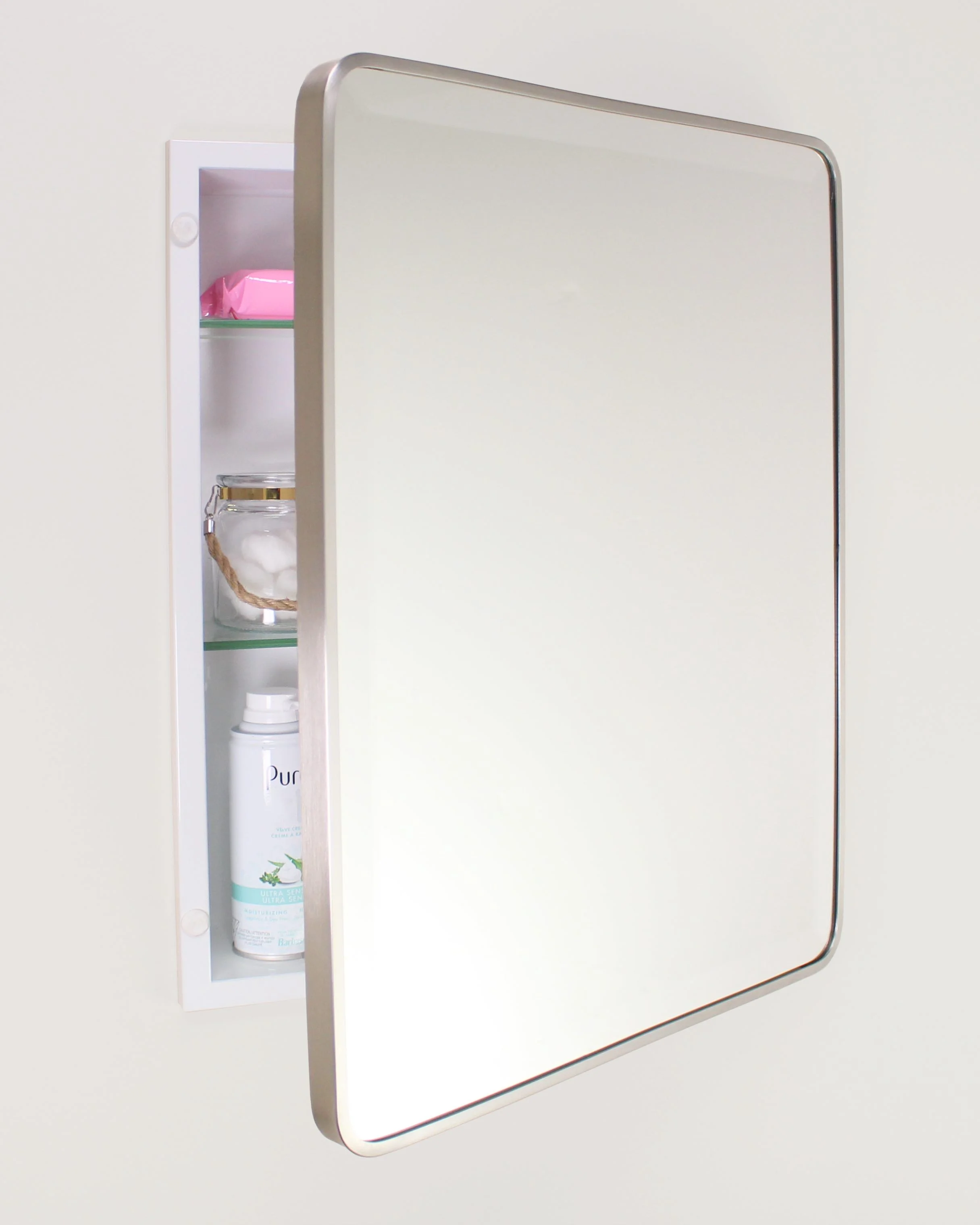 16x20 Austin Farmhouse Metal Framed Rounded Rectangle Recessed Bathroom Medicine Cabinet, Beveled Mirror, 14x18 in-Wall Opening, Powder-coated Steel, Adjustable Glass Shelves, Magnet Close, White