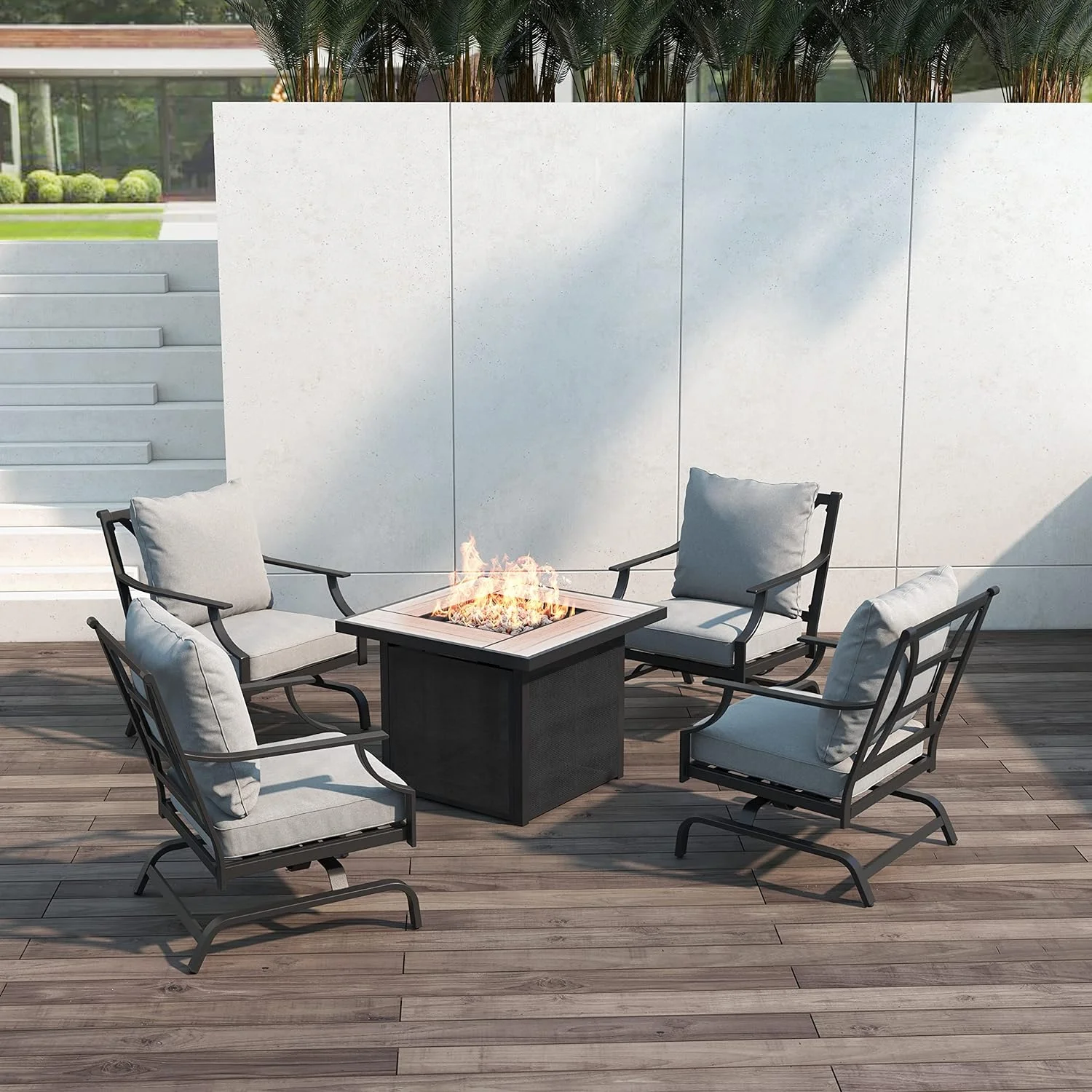 Grand Patio 5-Piece Patio Furniture Conversation Sets with Propane Fire Pit Table Cushioned Rocking Chairs Set of 4, Steel Frame, Gray