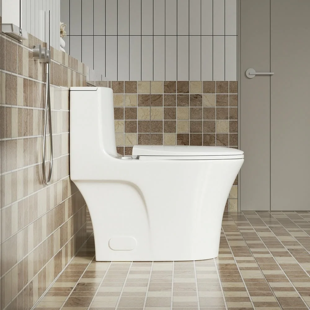 Spaco 1.1/1.6 GPF Dual Flush One-Piece Toilet, Button on Tank top S-trap 12 inches, Elongated Bowl with Soft Close Seat, Water-Saving MAP 1000g, Comfort Chair Seat ADA Height, Light Gray