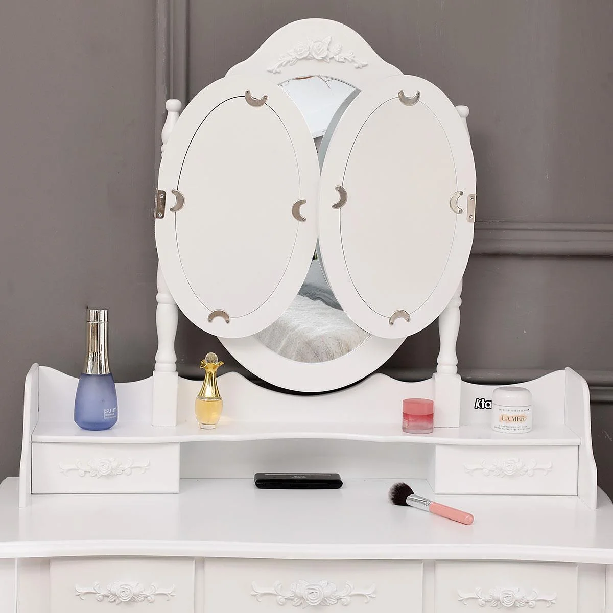 Ktaxon Vanity Set,Flip-top Mirror Dressing Table Makeup Vanity Table Writing Desk with 2 Drawers and Stool, White