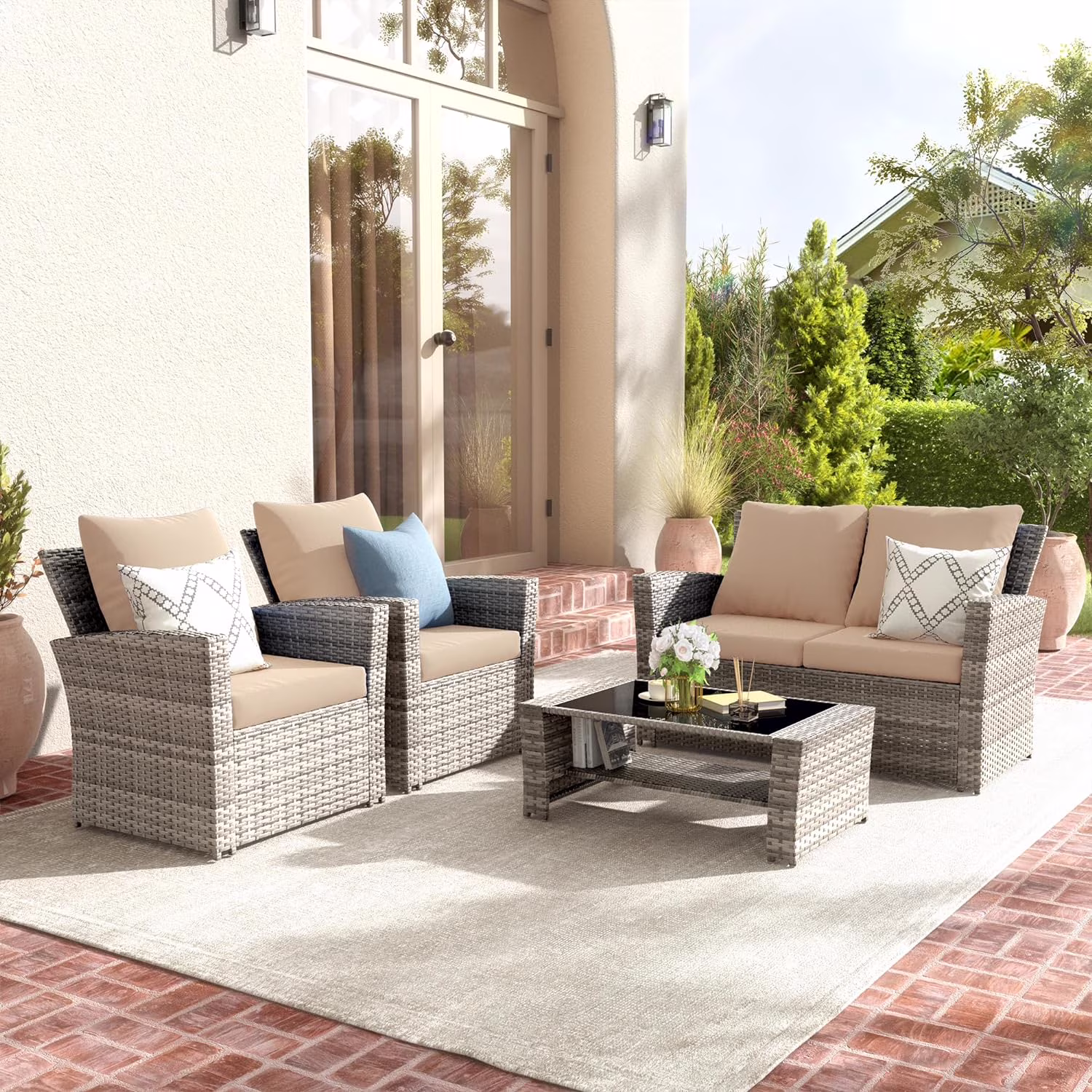 Poteban Wicker Patio Furniture Set, 4 Piece Outdoor Sectional Conversation Sets, Gray PE Rattan Patio Sofa Set for Balcony, Porch, Backyard, Grey