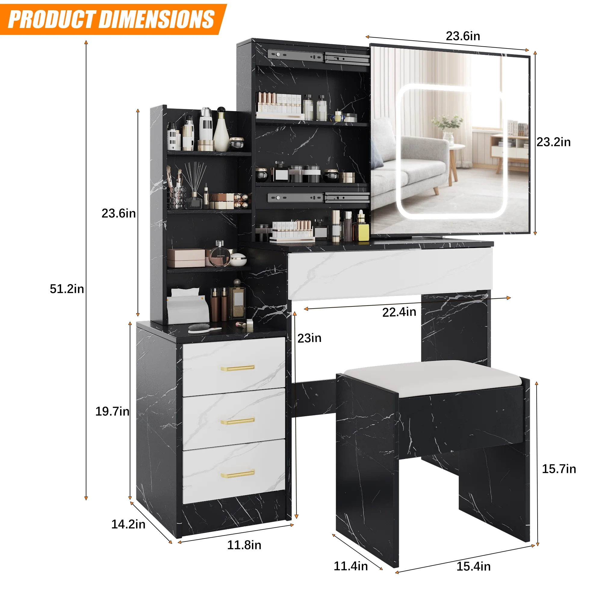 Vanity Desk with Sliding Mirror and Lights, Makeup Vanity Set with 4 Drawers, Stool, Power Outlet, Open Shelves, 3 Color Adjustable Lighting Modes, Makeup Dressing Table for Bedroom, White
