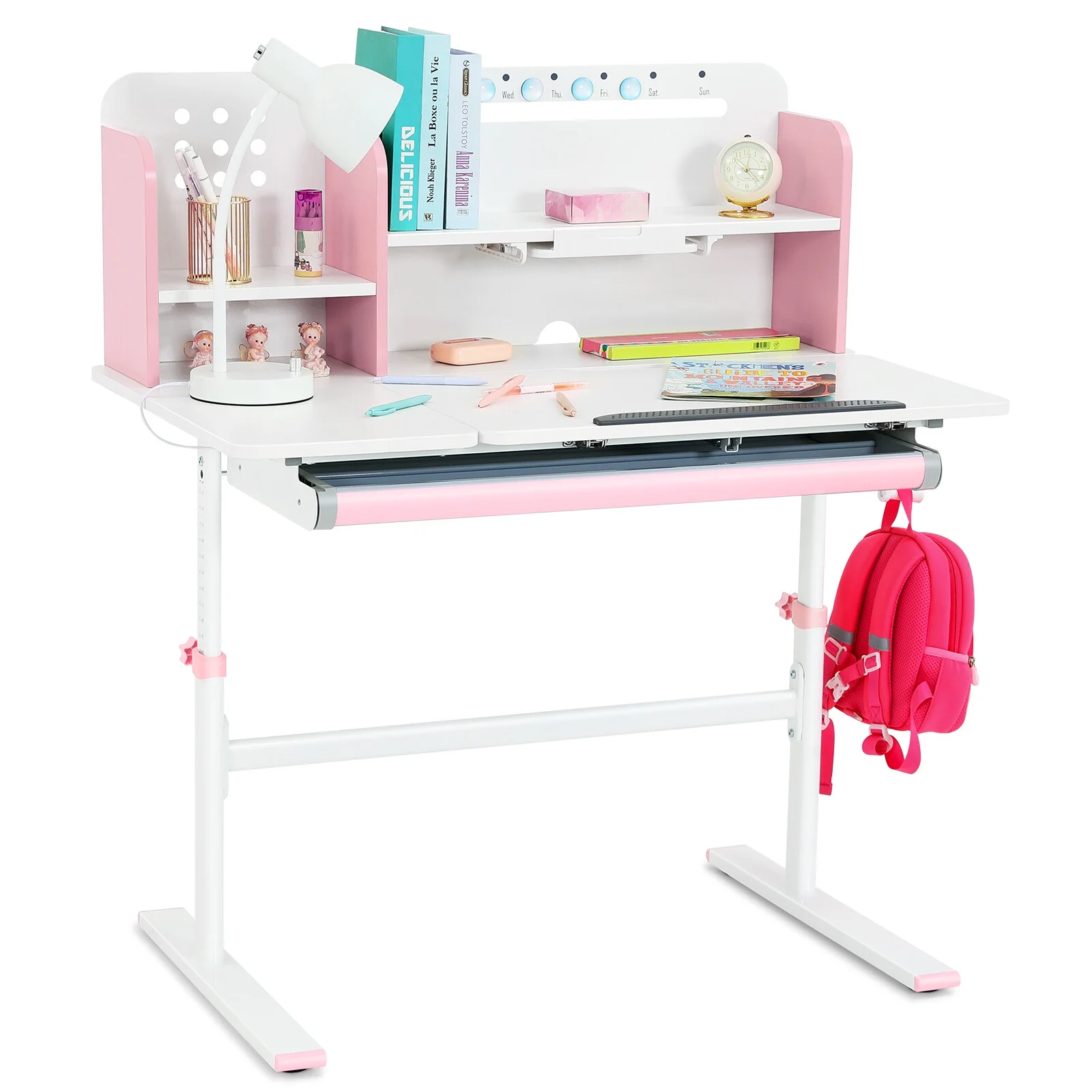 Adjustable Height Ergonomic Kids Study Desk & Chair Set Children Students Drafting Table Home School with Shelf,Drawer(Gray)