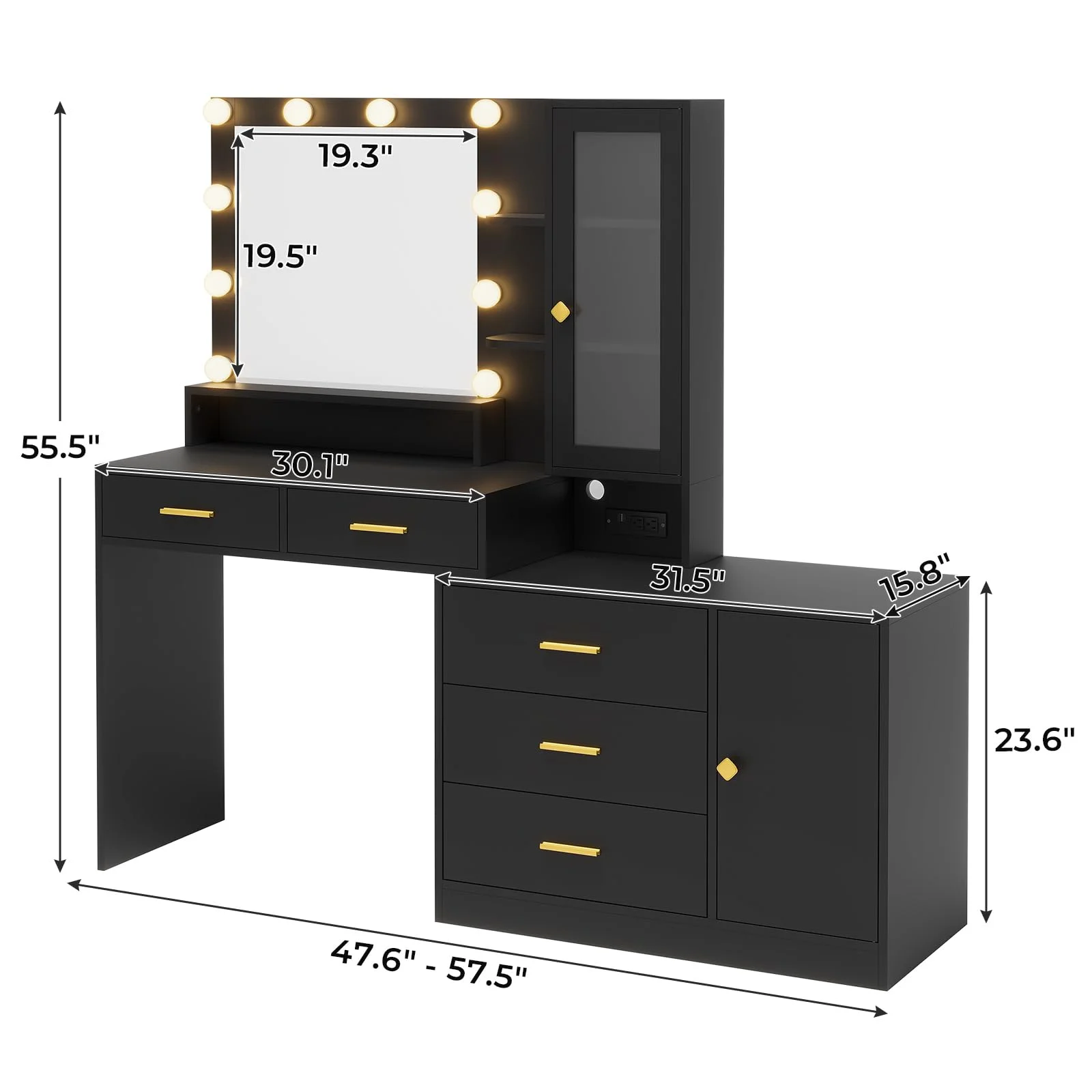 Afuhokles Vanity Desk with Mirror and Lights, Makeup Vanity with Charging Station and Dresser, Black