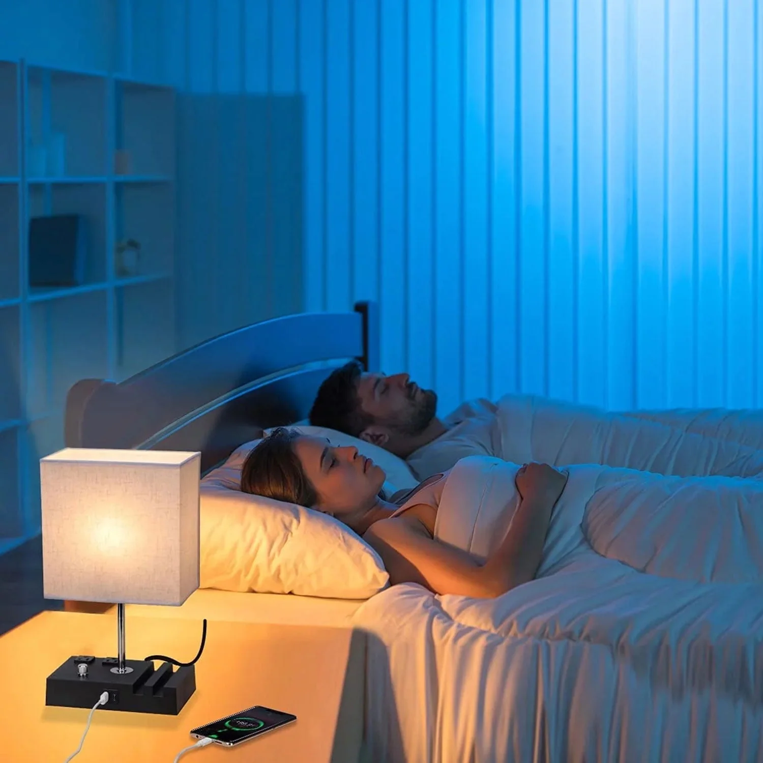 Fully Dimmable Table Lamp for Bedroom Living Room Dual USB Port, Nightstand Desk Lamps with Charging Station 2 Power Outlets, Fabric Lampshade LED Bulb Included