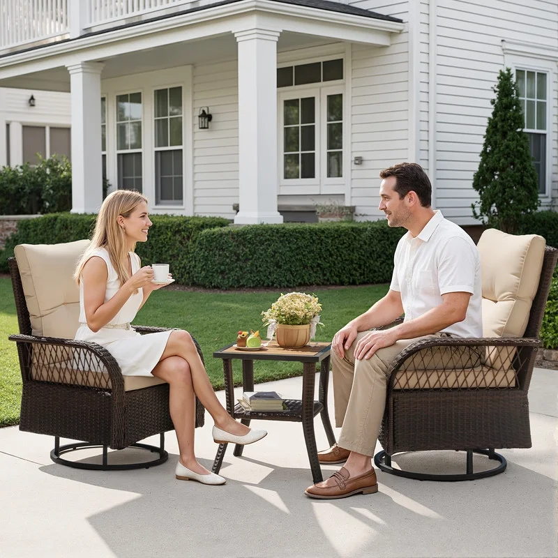 Lacoo 3 Piece Outdoor Bistro Set Patio 360�� Swivel Rocking Chairs & Table All-Weather Rattan High Back Conversation Set for Backyard Porches Garden