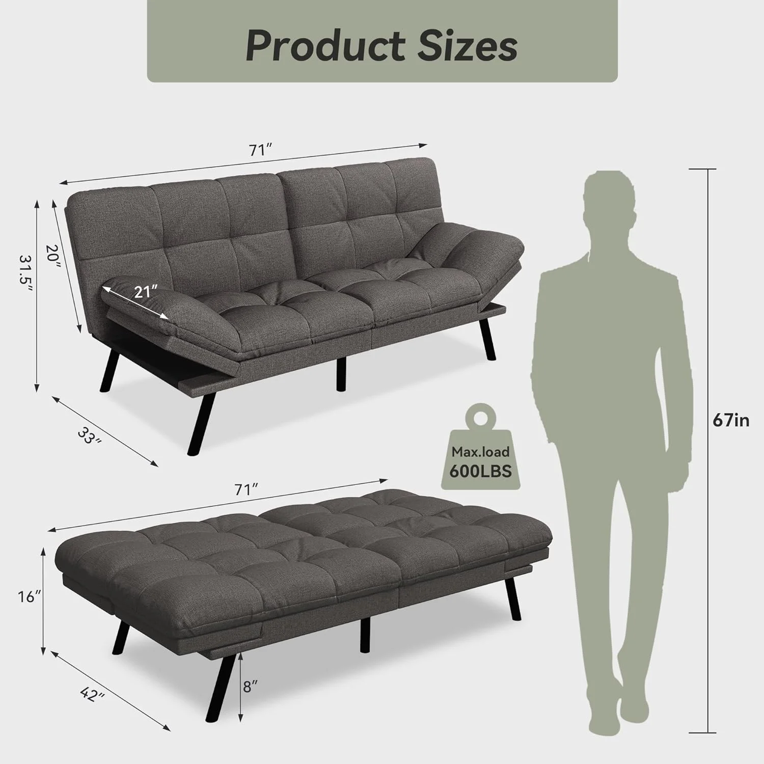 Convertible Futon Sofa Bed, 71