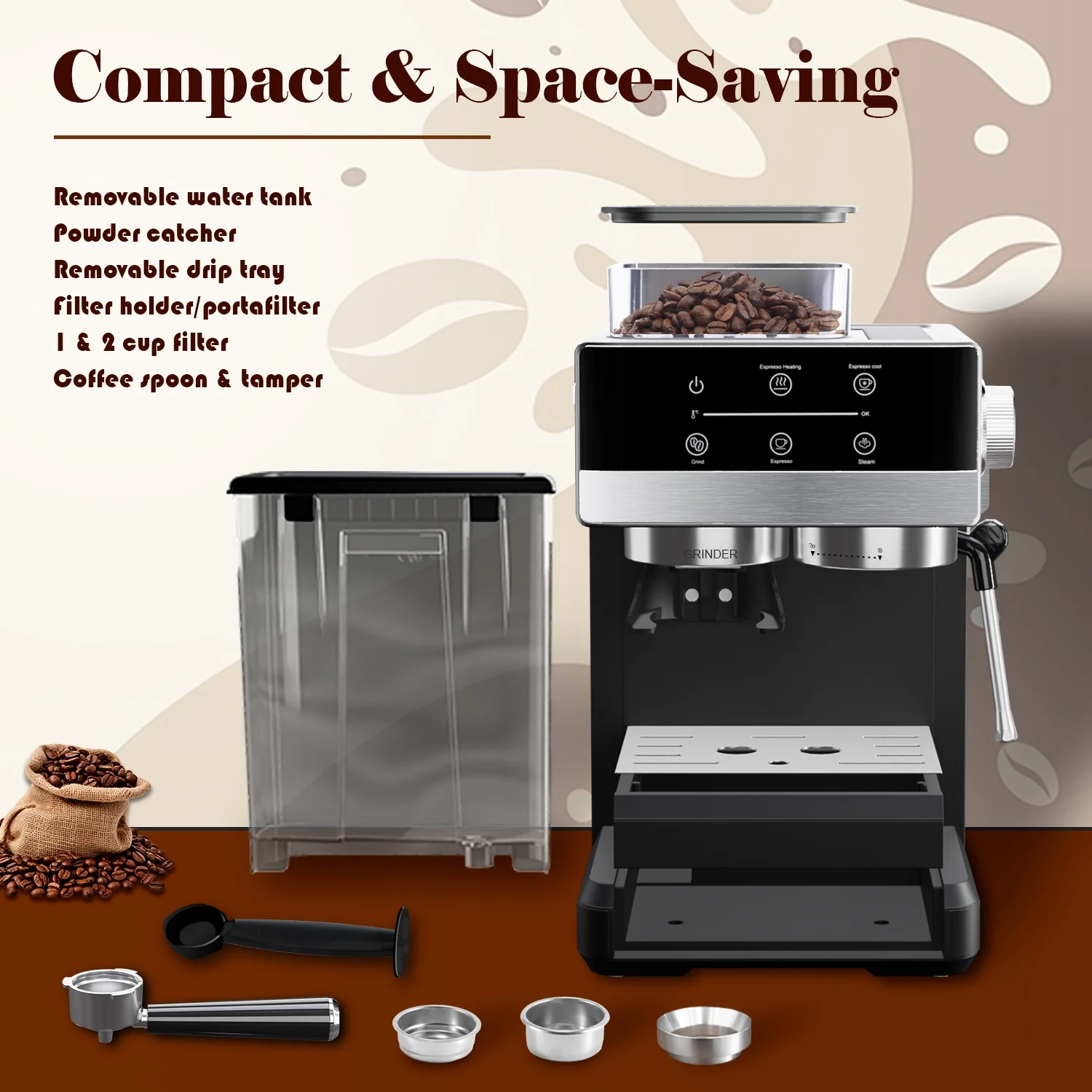 Bluebow Espresso Machine with Grinder, 20Bar Semi-Automatic Coffee Maker with Milk Frother, Professional Cappuccino Latte Machine for Home, Office
