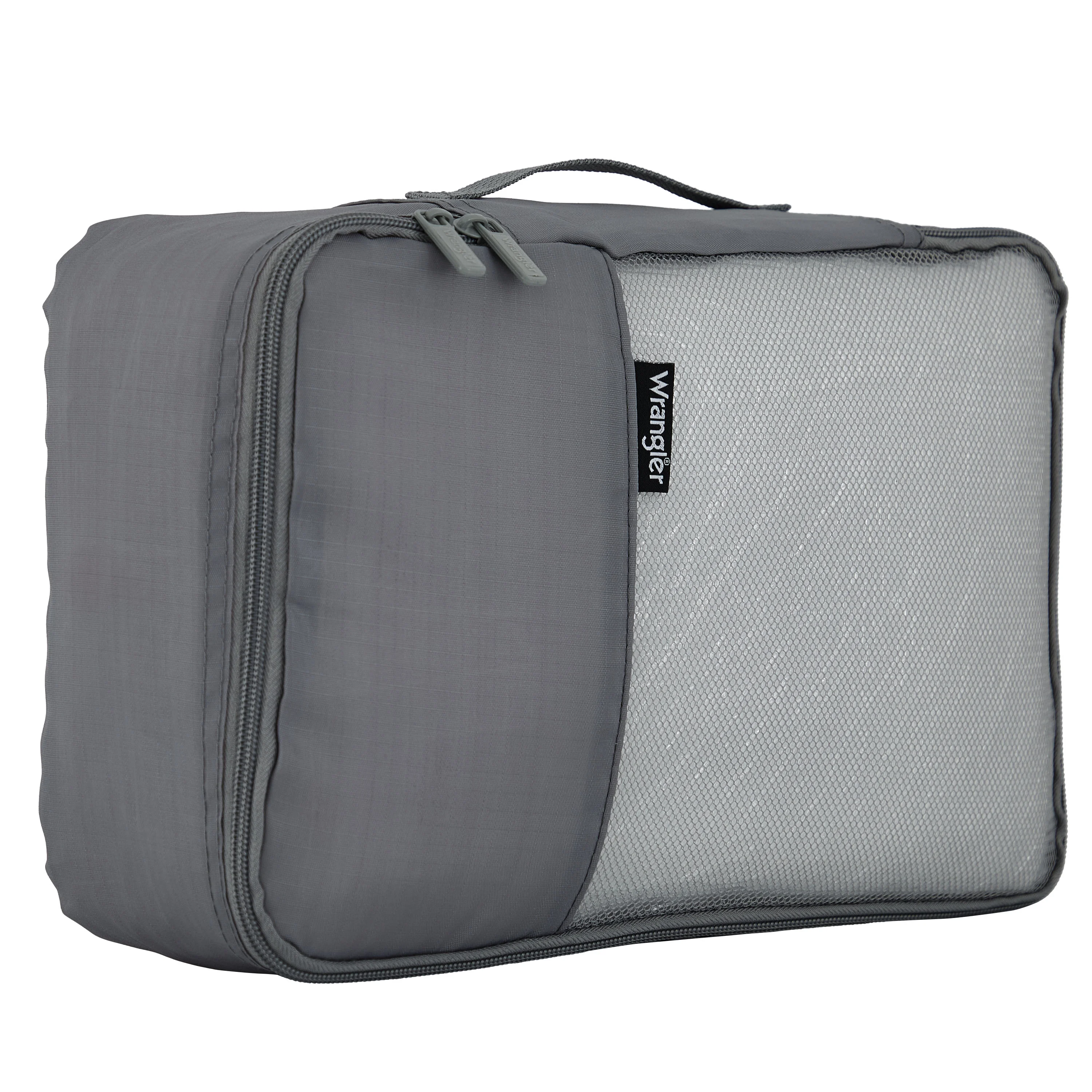 Wrangler 4 Piece Expandable Hardside Spinner Luggage Set with Packing Cubes, Sharkskin Grey