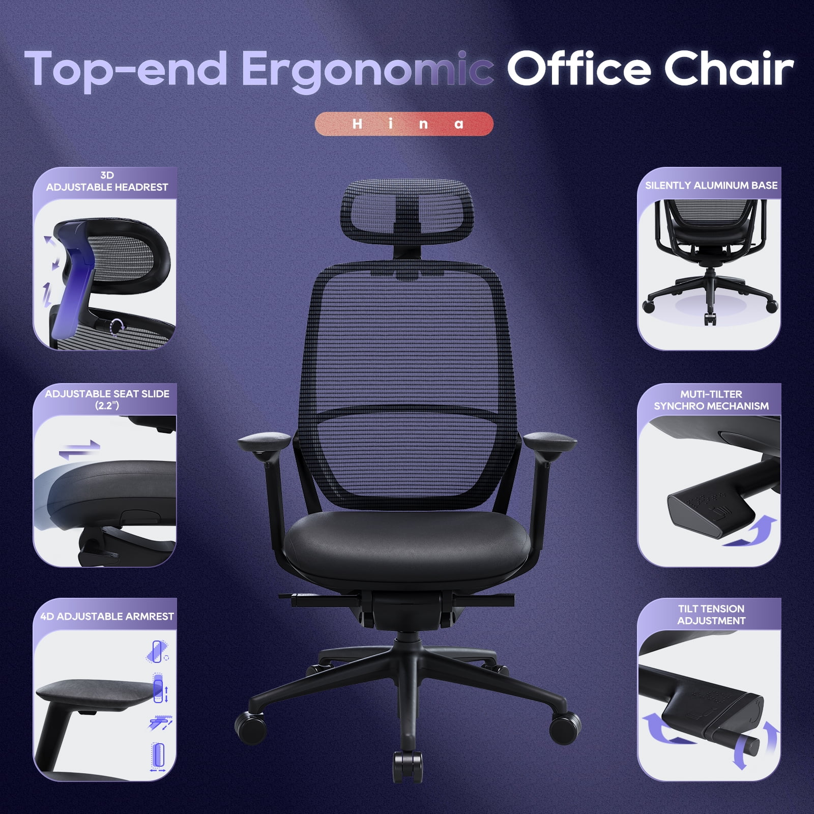 Ergonomic Office Chair, High Back Mesh Desk Chair with Adjustable Lumbar Support, Reclining Backrest, 4D Armrests, Breathable Mesh, Comfortable Computer Chair for Home Office, Work,Study