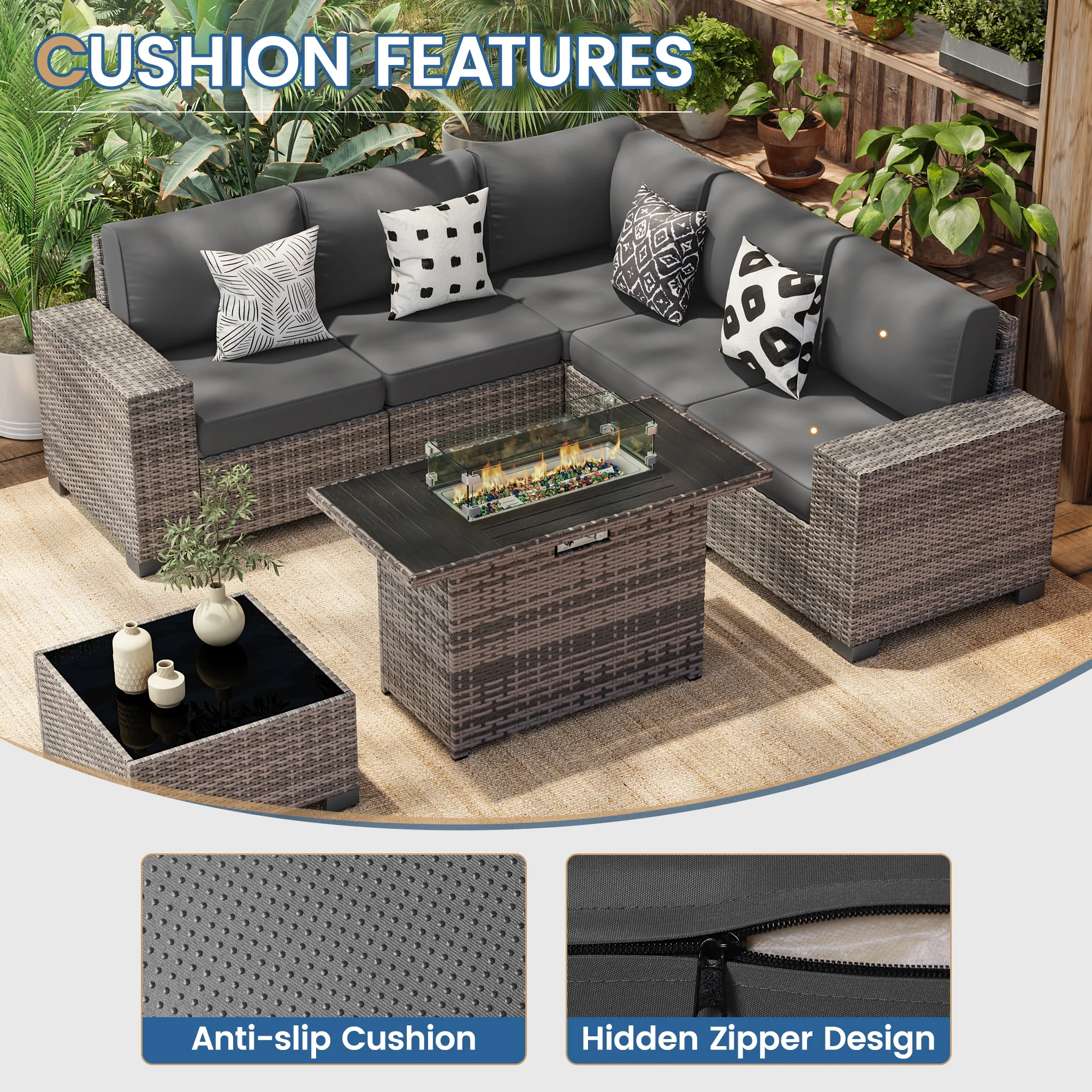 Poteban Patio Furniture Set 6 PCS Outdoor Sectional Conversation Sets Featuring Widen Wicker Armrests and High Back, Black (Waterproof Covers Included)