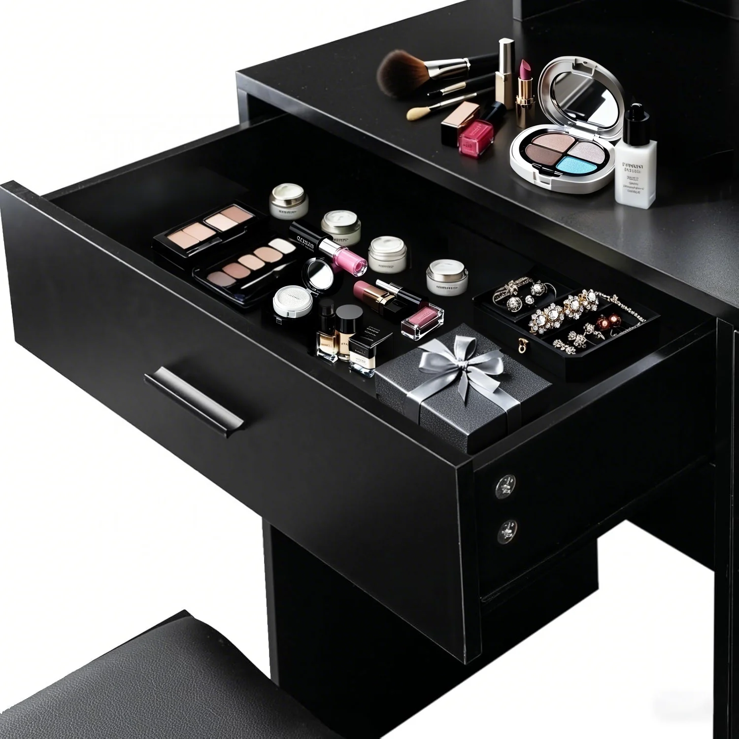 Vanity Desk with Mirror and Lights, Makeup Vanity with Drawer & Storage Cabinet, 3 Lighting Modes Adjustable Brightness, Makeup Desk with Open Shelves for Bedroom, Dressing Room, White