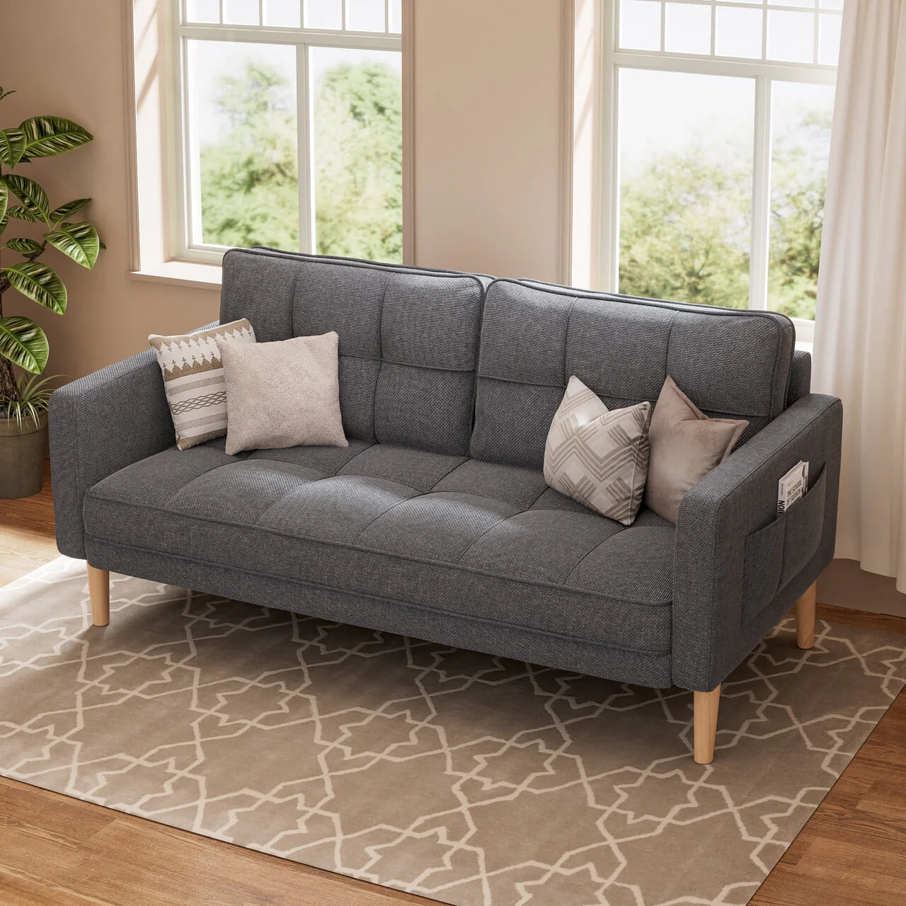 Aiho Modern Comfort Backrest Loveseat Sofa with Sturdy Wood Legs, Breathable Linen Fabric, and Storage Pockets for livng room，Grey