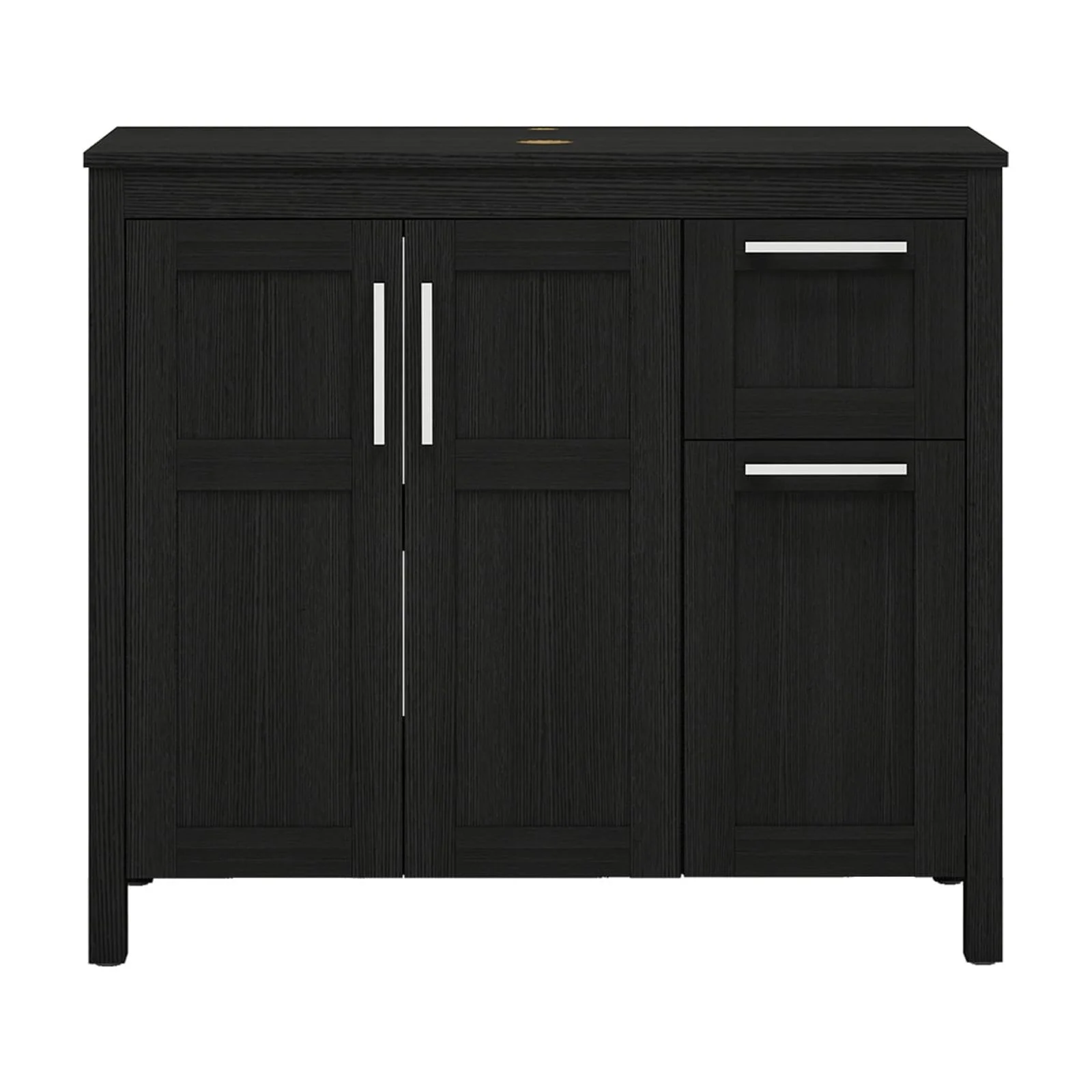 PULUOMIS 36 Inches Bathroom Vanity in Black Finish with Glass Boat-Shaped Vessel Sink, Single Bathroom Vanity with Top, 2-Door Cabinet and 2 Drawers