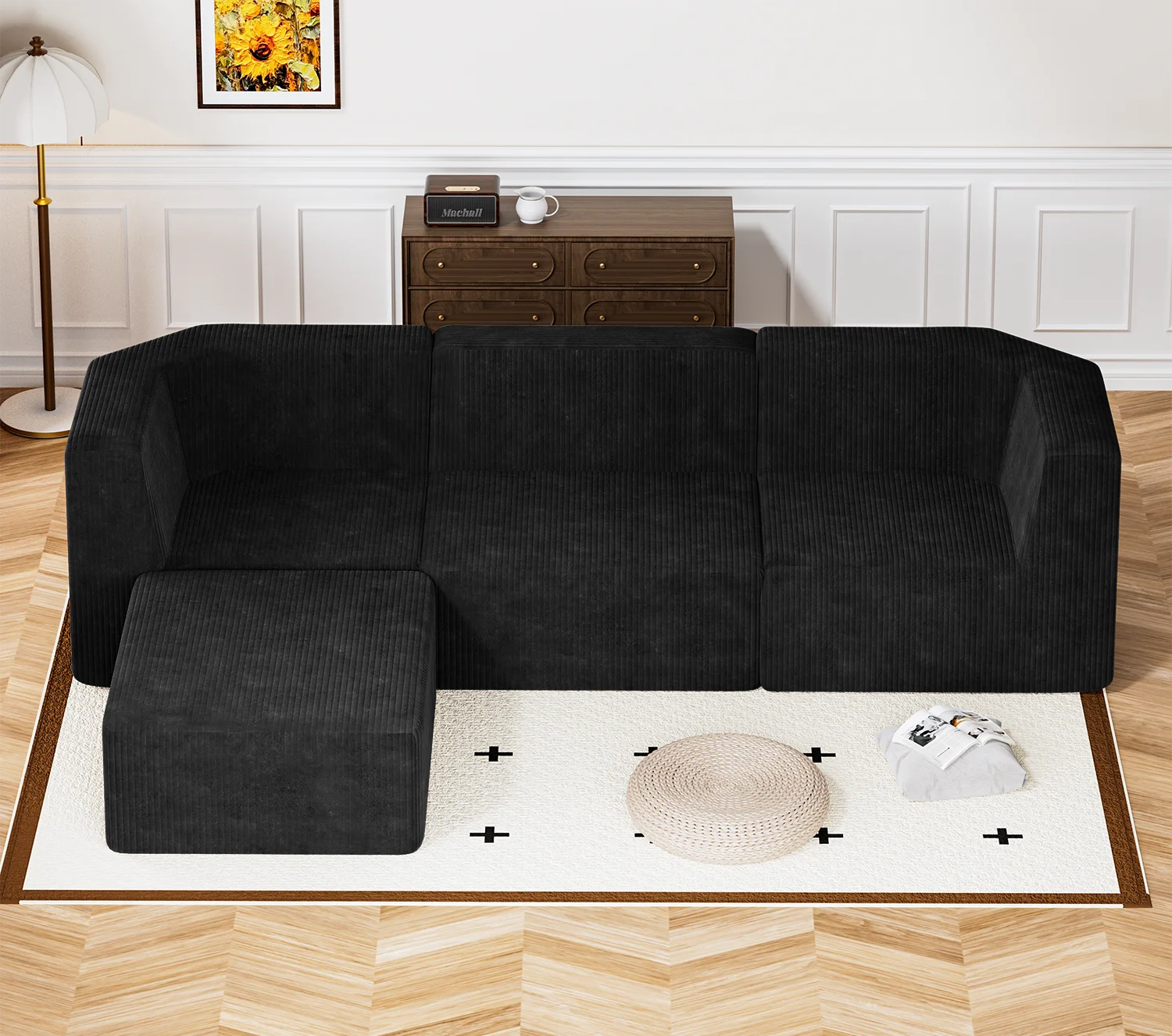 Gaptain Corduroy Sponge Sofa Lounge Chair Fluffy Modern Sleeper Chair With Removable Footrest for Indoor Living Room and Bedroom No Assembly Needed, Black