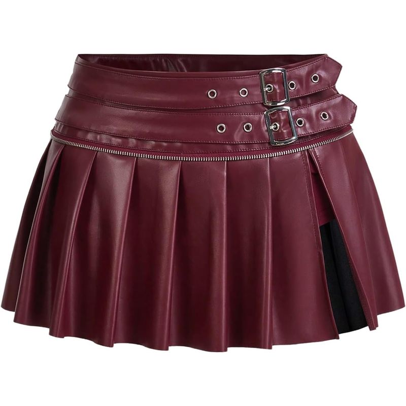 Women's Pleated Leather Skirts Buckle Low Waisted Y2K Belted Mini Skirts