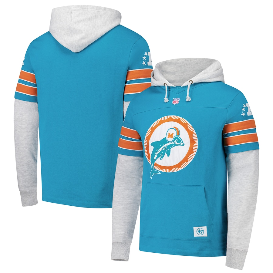 Men's '47 Aqua Miami Dolphins Double Header Blitz Cornerback Pullover Hoodie