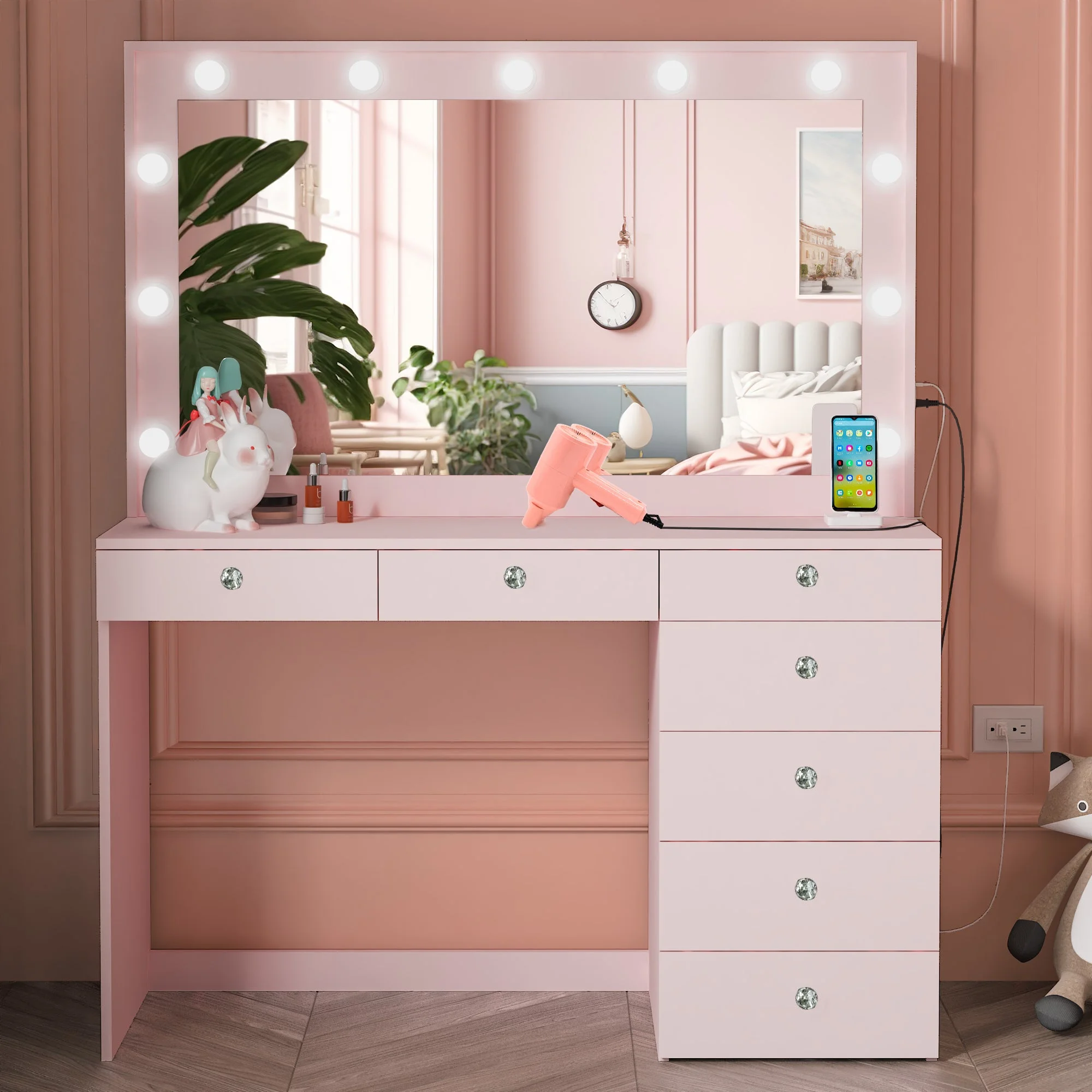 Ember Interiors Peggy Vanity Desk with Lighted Mirror and USB Ports