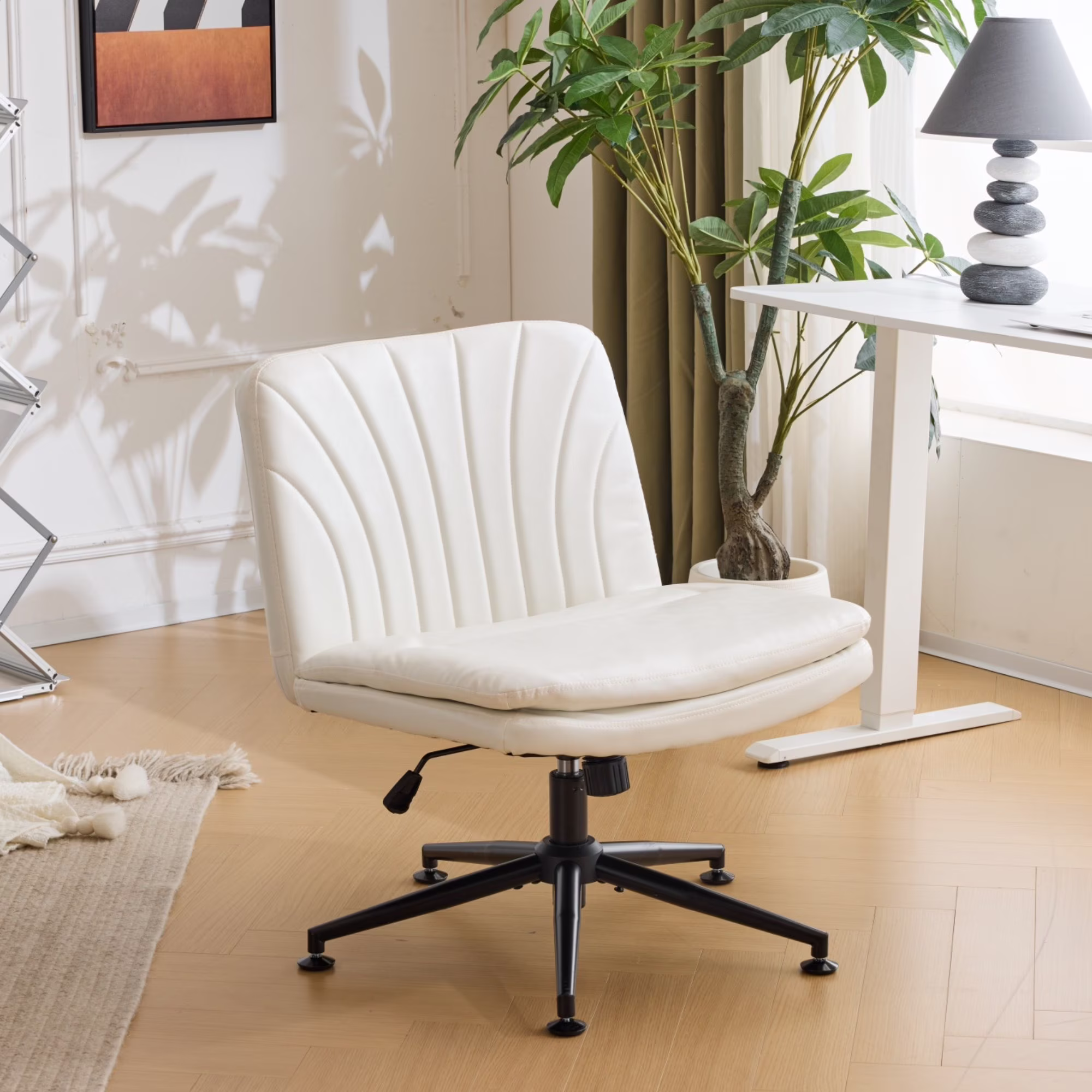Ktaxon Armless Office Chair Swivel Study Chair Adjustable Desk Chair with Criss Cross Legs and Wheels for Conference and Home Faux Leather Gray
