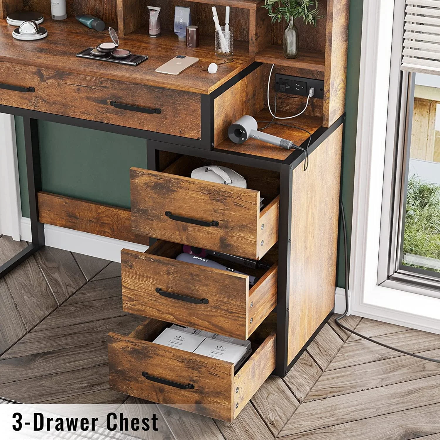 Rustic Vanity Desk Makeup Dresser Desk Table with Lighted Mirror & Charging Station & 5 Drawers, 10 LED Light, Brown & Black