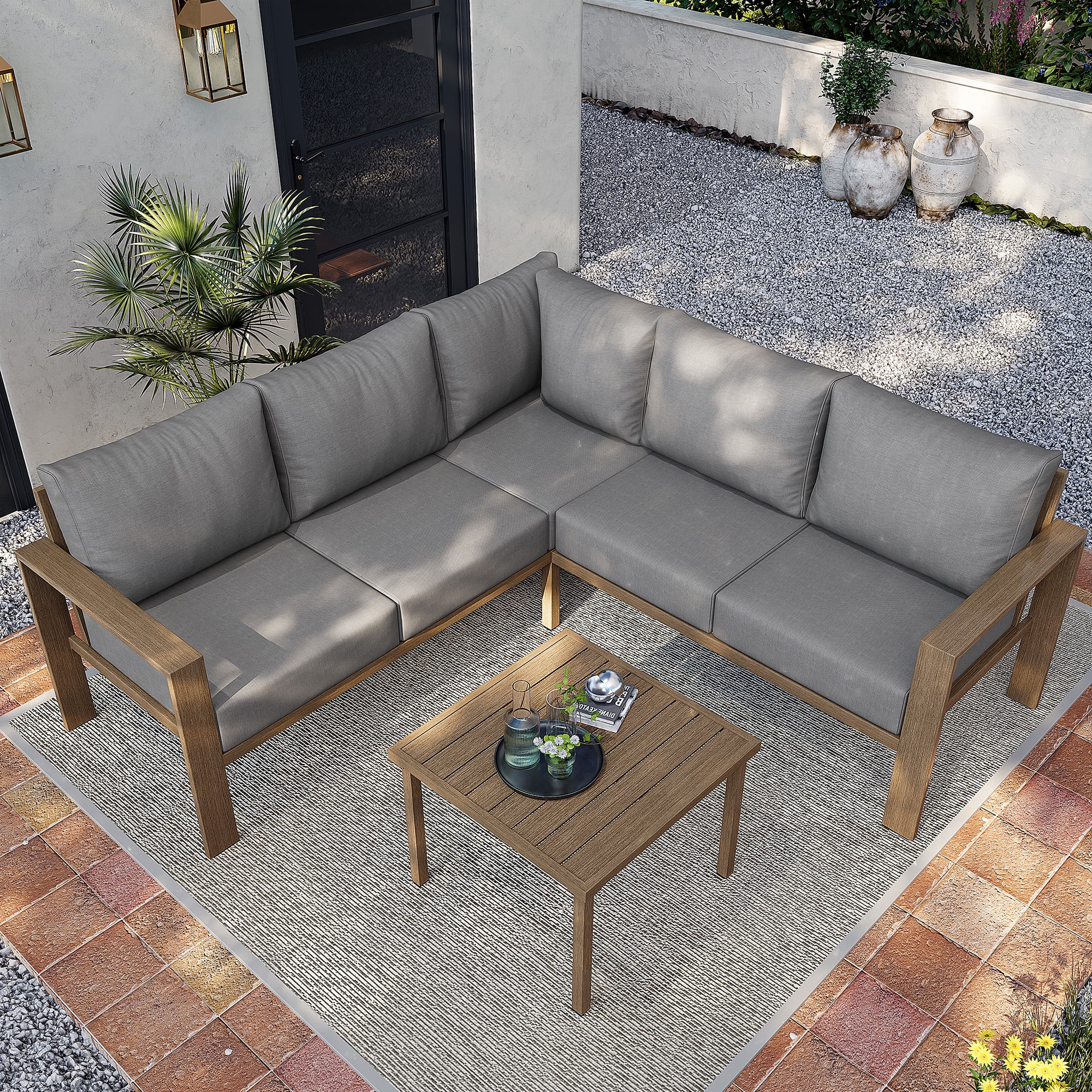 Poteban 5-piece Rattan Outdoor Patio Sofa Set,L-Shaped Sectional Sofa Couch with Coffee Table for Backyard,Lawn,Garden,Navy Blue