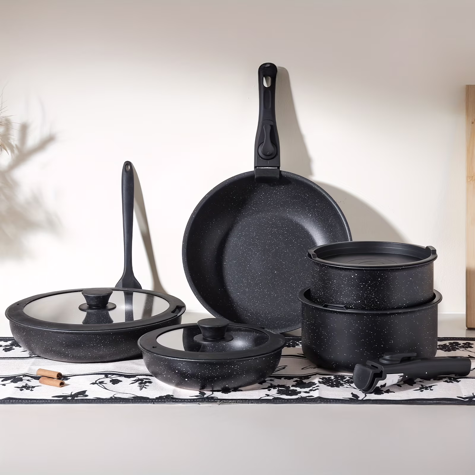 12pc White Granite Nonstick Cookware Set - Induction Compatible Pots/Pans with Removable Handles, Easy-Clean Kitchen Essentials