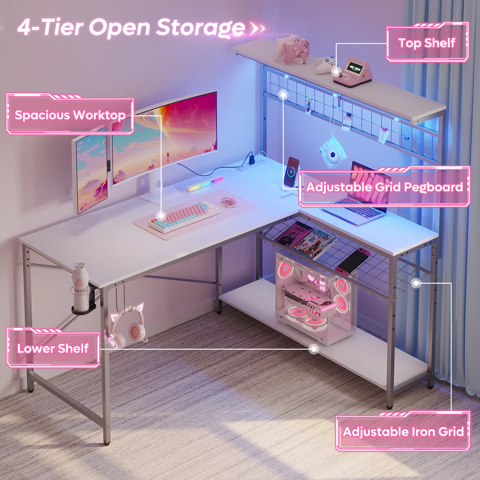 Bestier 51 L Shaped Gaming Desk with Power Outlets & LED Light, Computer Desk with 4 Tiers Shelves for Home Office, Reversible Gamer Table with Hooks and Cup Holder, Carbon Fiber