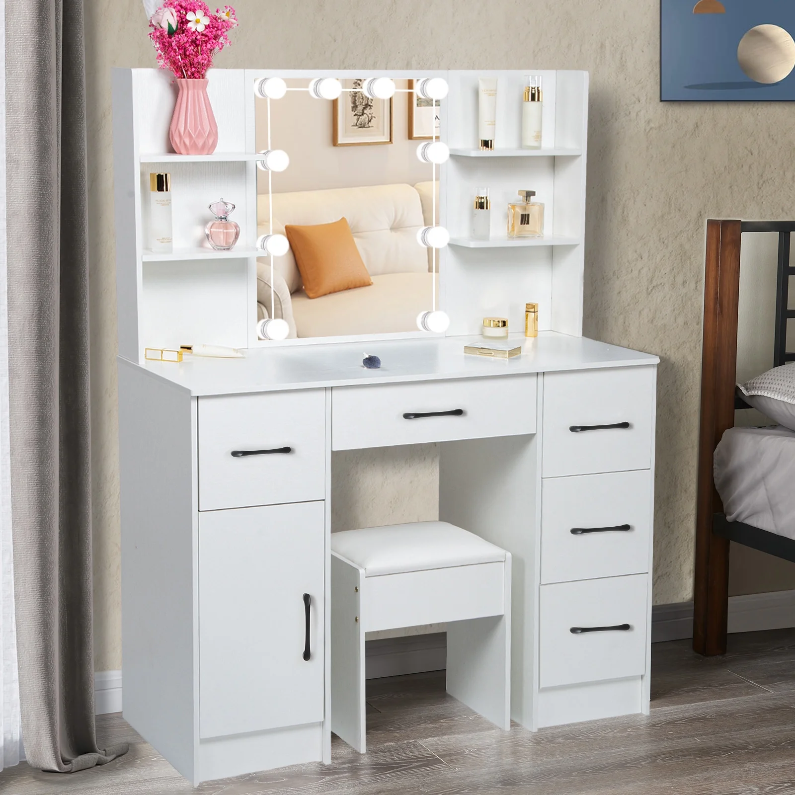 Yamissi Makeup Vanity with 3 Color Lights, Vanity Desk with Sliding Mirror, Vanity Set Makeup Table, Storage Drawers and Shelves, White