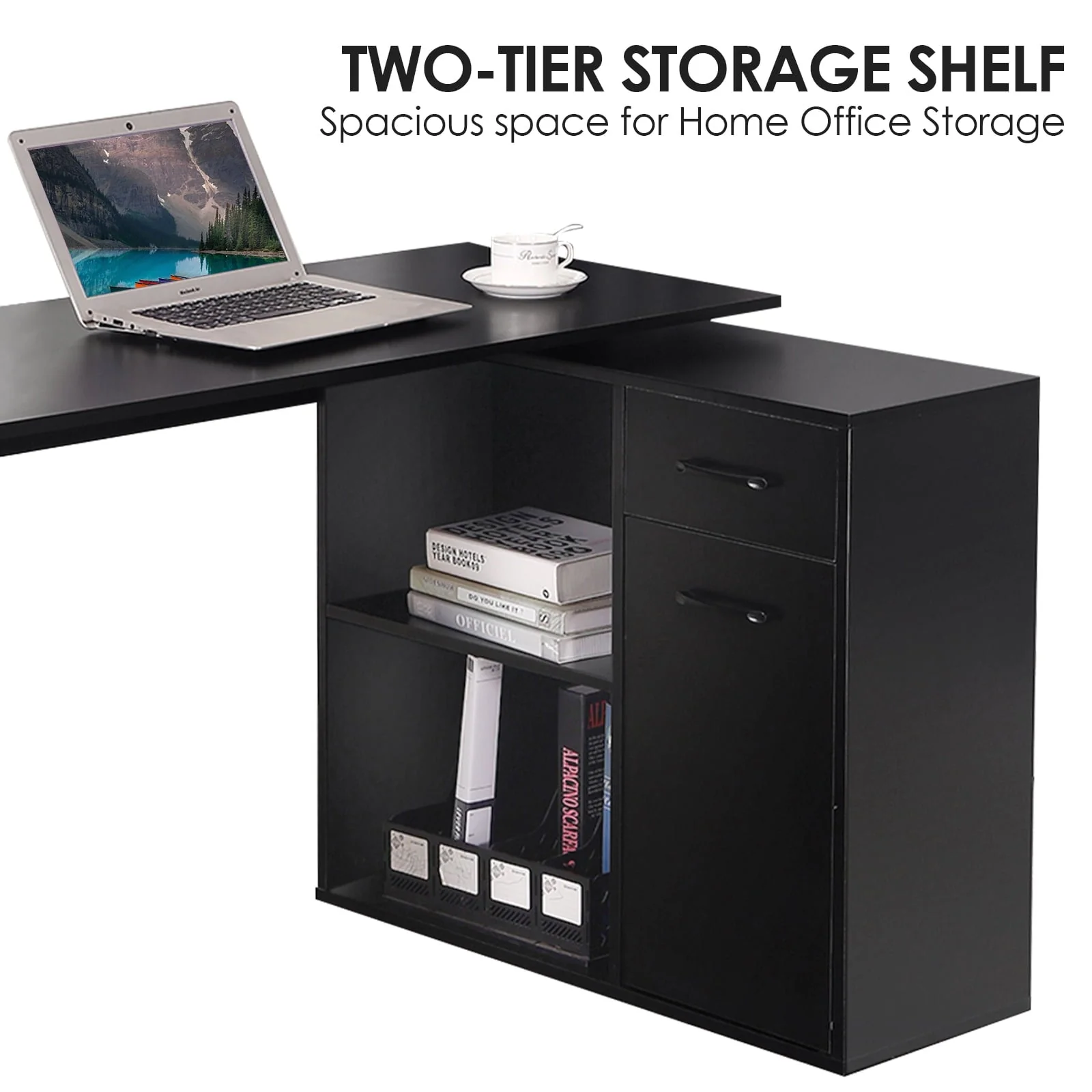 Hoffree 180 Degree Rotating Computer Desk with 2 Open Shelves  68 inch L-Shaped Desk with Drawers & File Cabinet Study Workstation for Home Office & Bedroom, Black/White