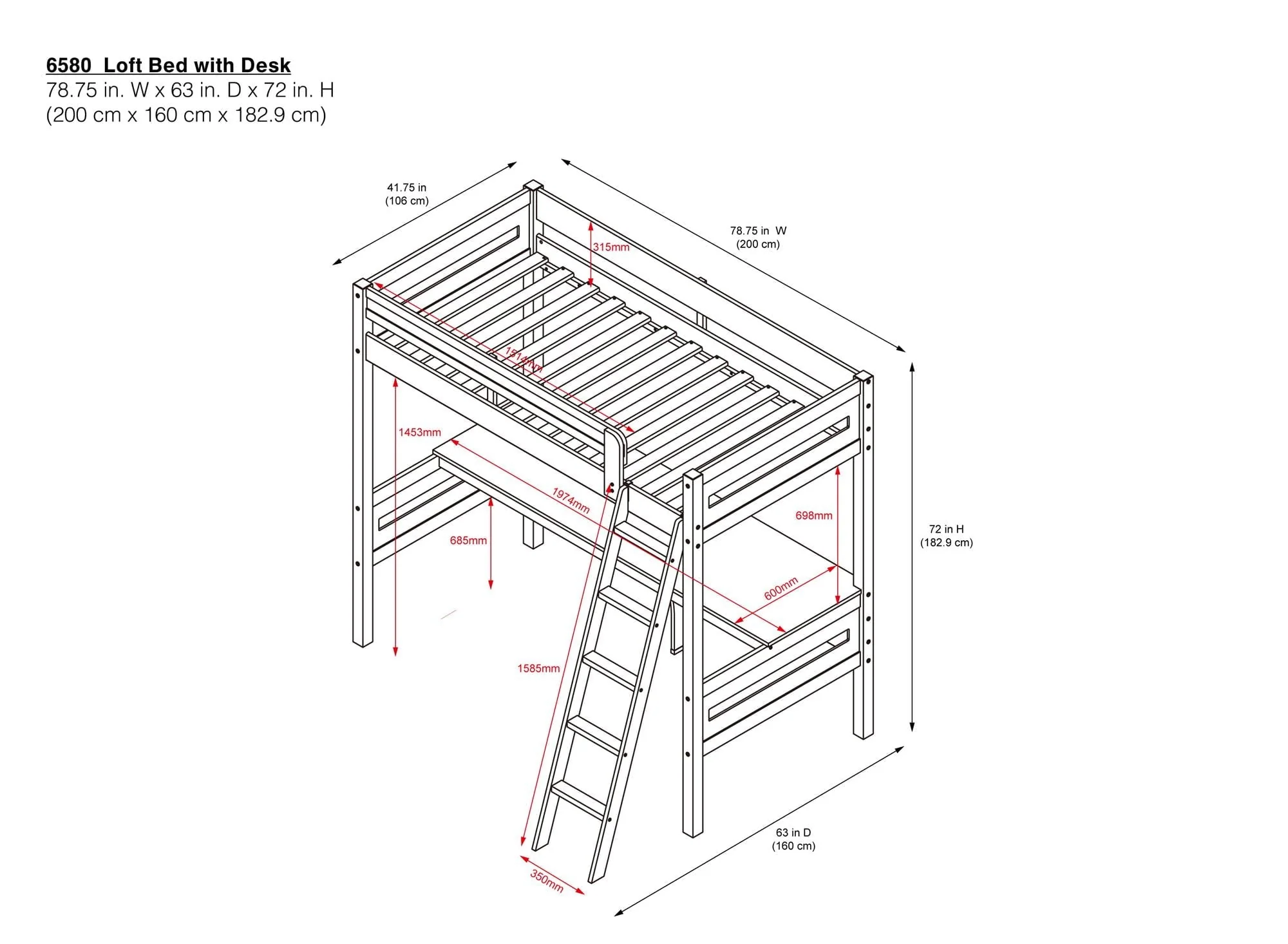 Teen Novogratz Lennon Twin Size Loft Bed with Desk, White