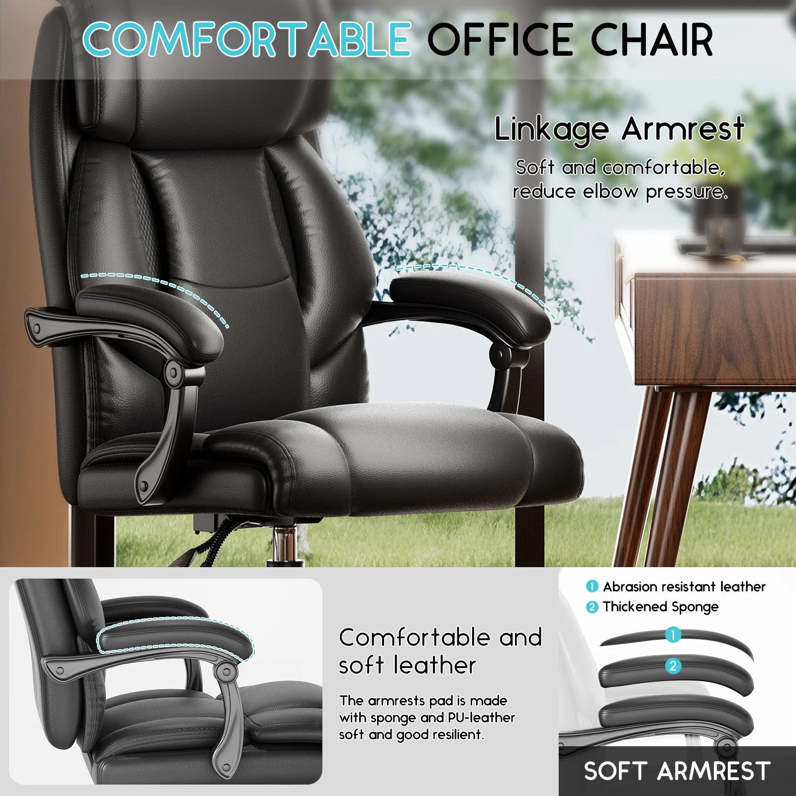 Solfway Big and Tall Office Chair 400LBS, High Back Black Leather Executive Office Chair, Computer Desk Chair with Adjustable Flip-up Arms, Wheels and Lumbar Support
