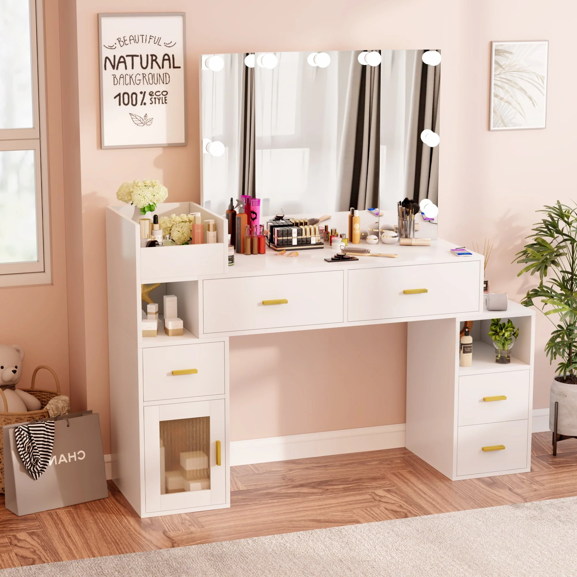 VIVISPECIAL Vanity Set with Lighted Mirror, Makeup Vanity with 3 Lighting Options and Charging Station, Large Vanity Desk with Storage Shelves, 5 Drawers, Glass Cabinet