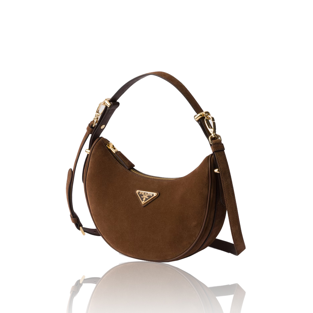 Prada Women Brown Arqué Suede Moon Shoulder Bag