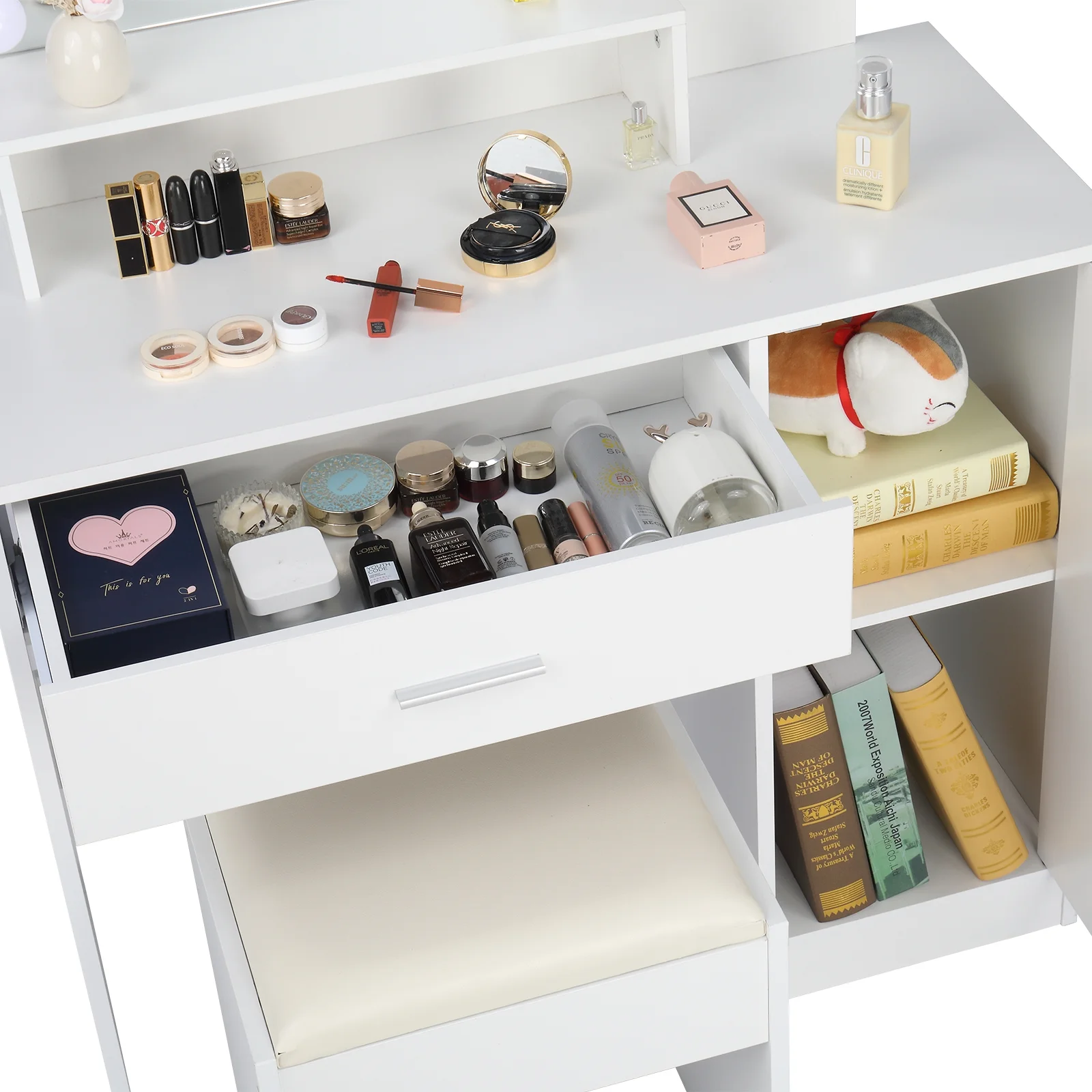 Resenkos Vanity Desk Set with Mirror and Lights for Makeup, 5 Drawers Storage Dresser for Bedroom, White