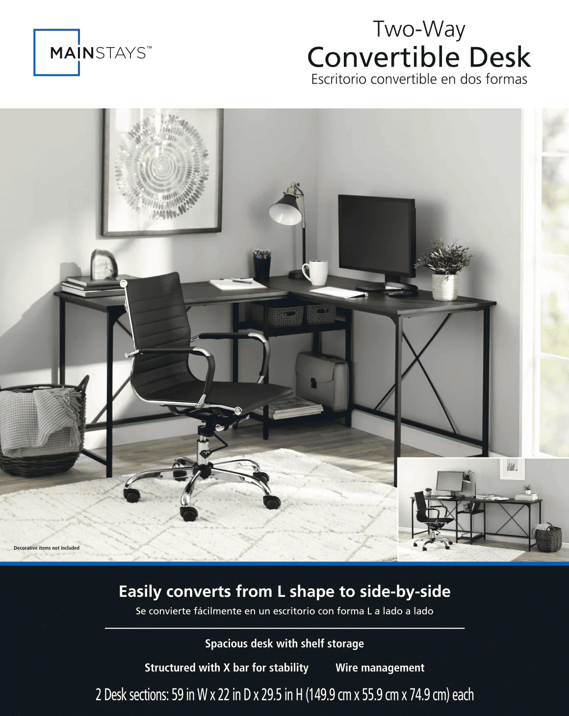 Mainstays Two-Way Convertible Desk with Lower Storage Shelf, Charcoal Finish and Black Metal Frame