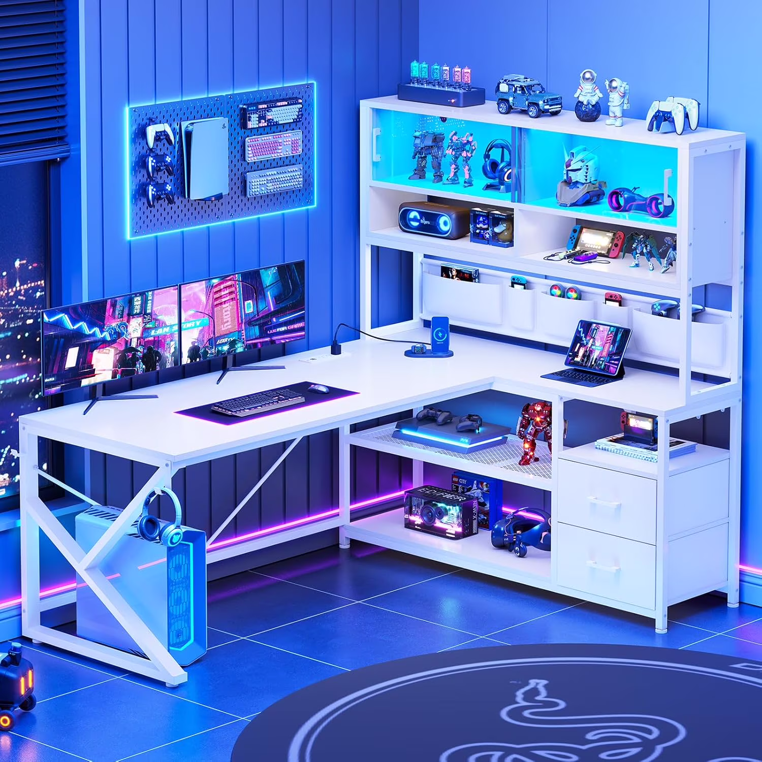 L Shaped Computer Desk with 2 Drawer and Bookshelf, L Shaped Gaming Desk with LED Light, Black