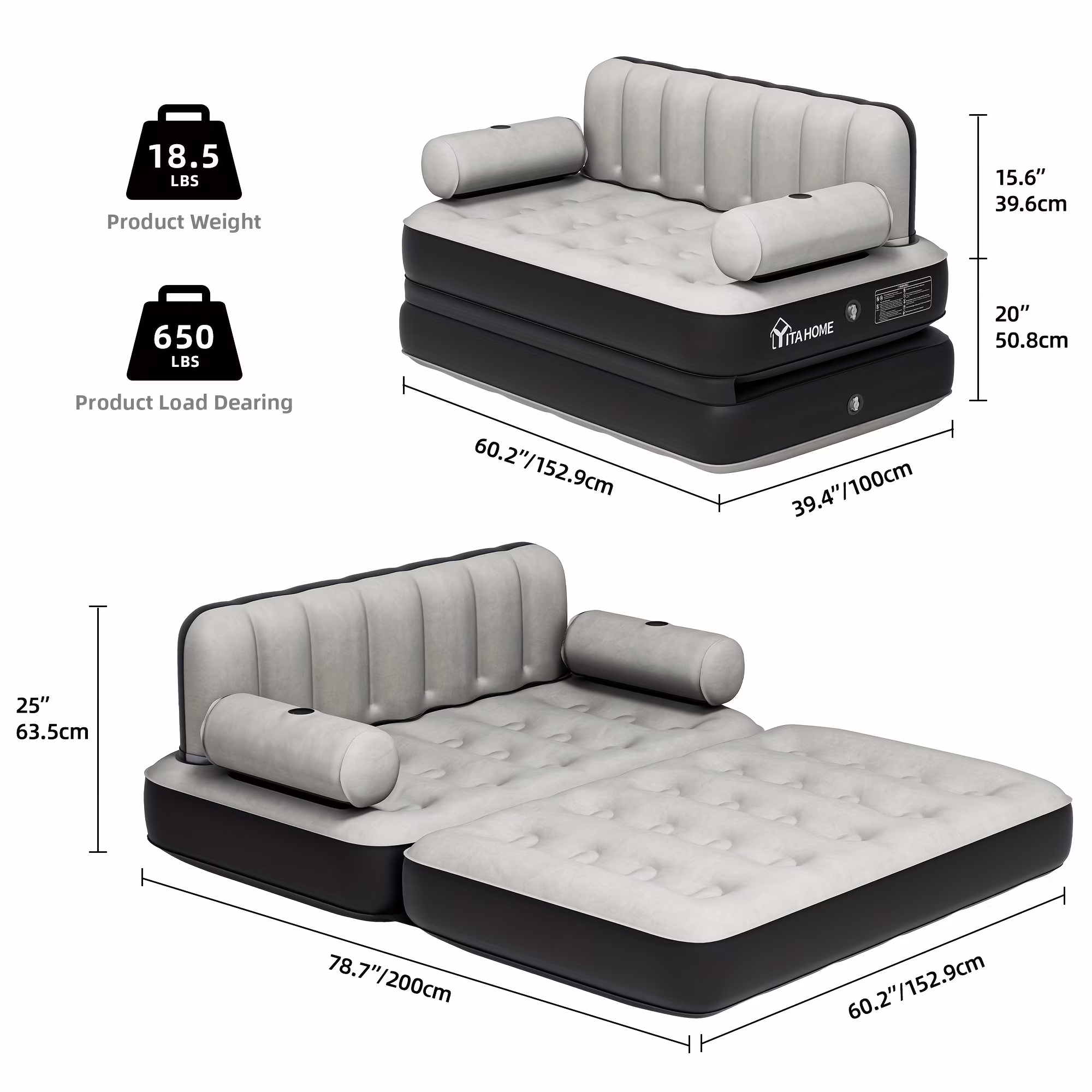 Inflatable Air Sofa Bed 2-in-1 Backrest Couch Airbed With Headboard And Pump Convertible Blow Up Bed Mattress For Home, Camping, And Guests, Living Room Furniture, Queen Size