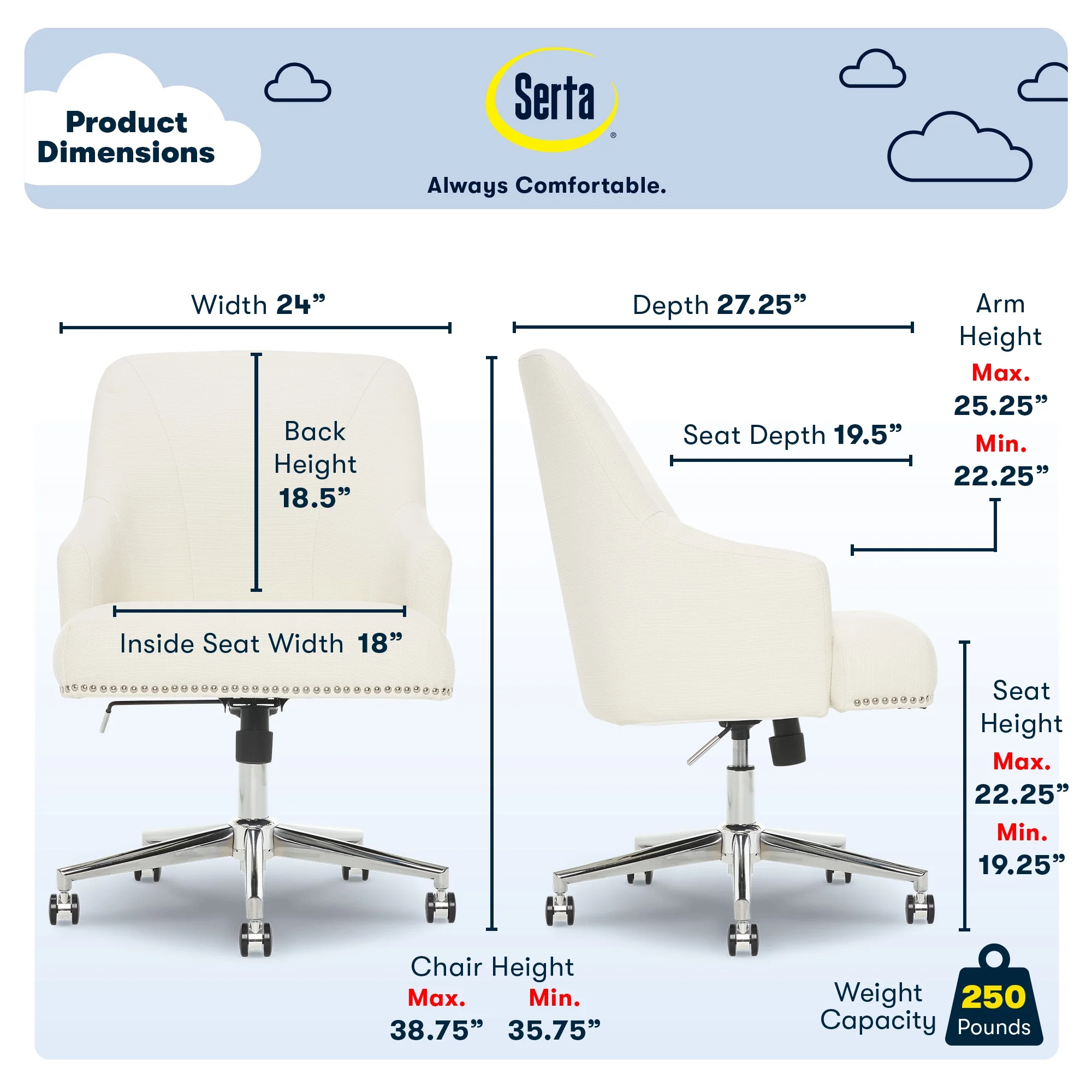 Serta Leighton Home Office Desk Chair Chrome Nailheads Twill Fabric Lilac Purple