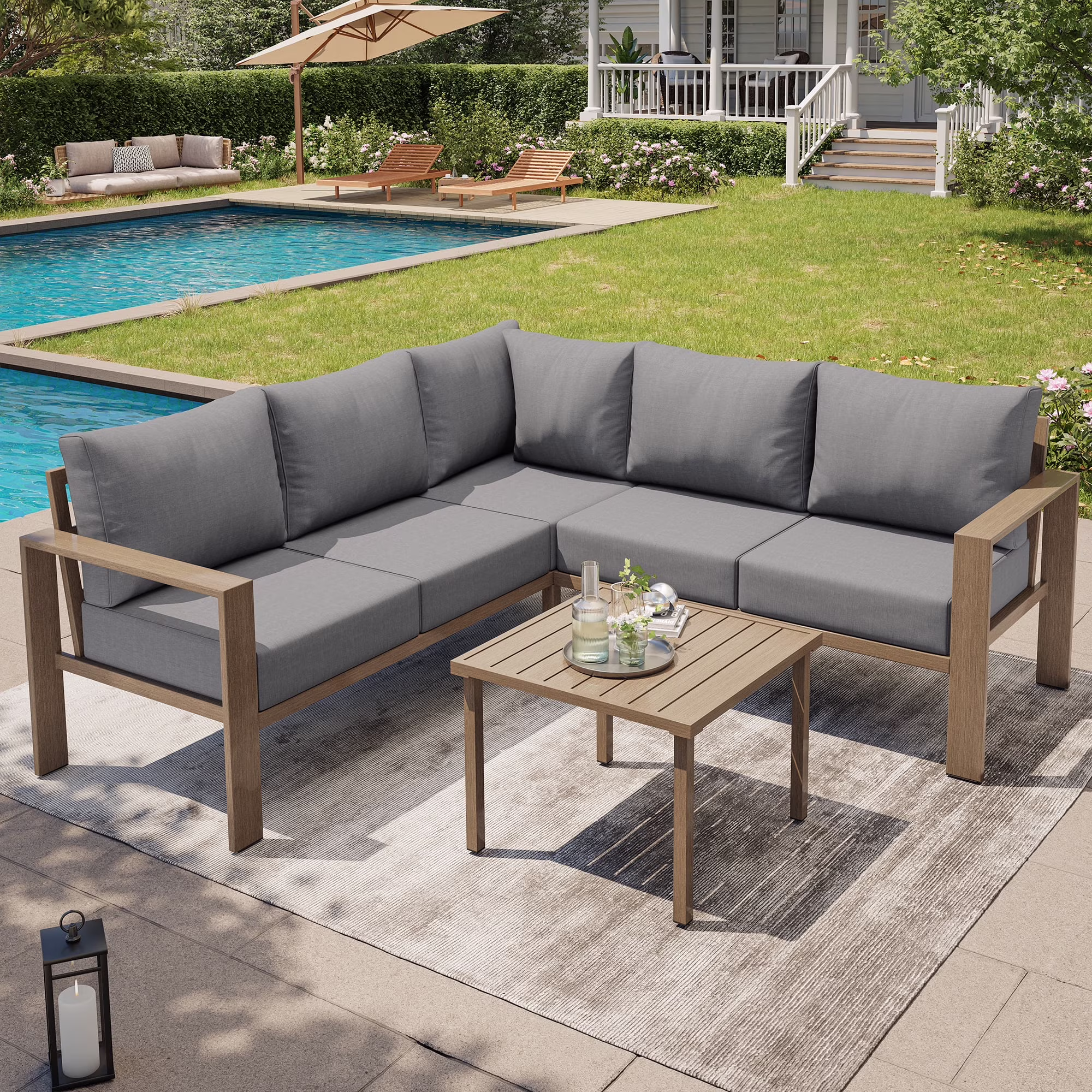 Poteban 5-piece Rattan Outdoor Patio Sofa Set,L-Shaped Sectional Sofa Couch with Coffee Table for Backyard,Lawn,Garden,Navy Blue