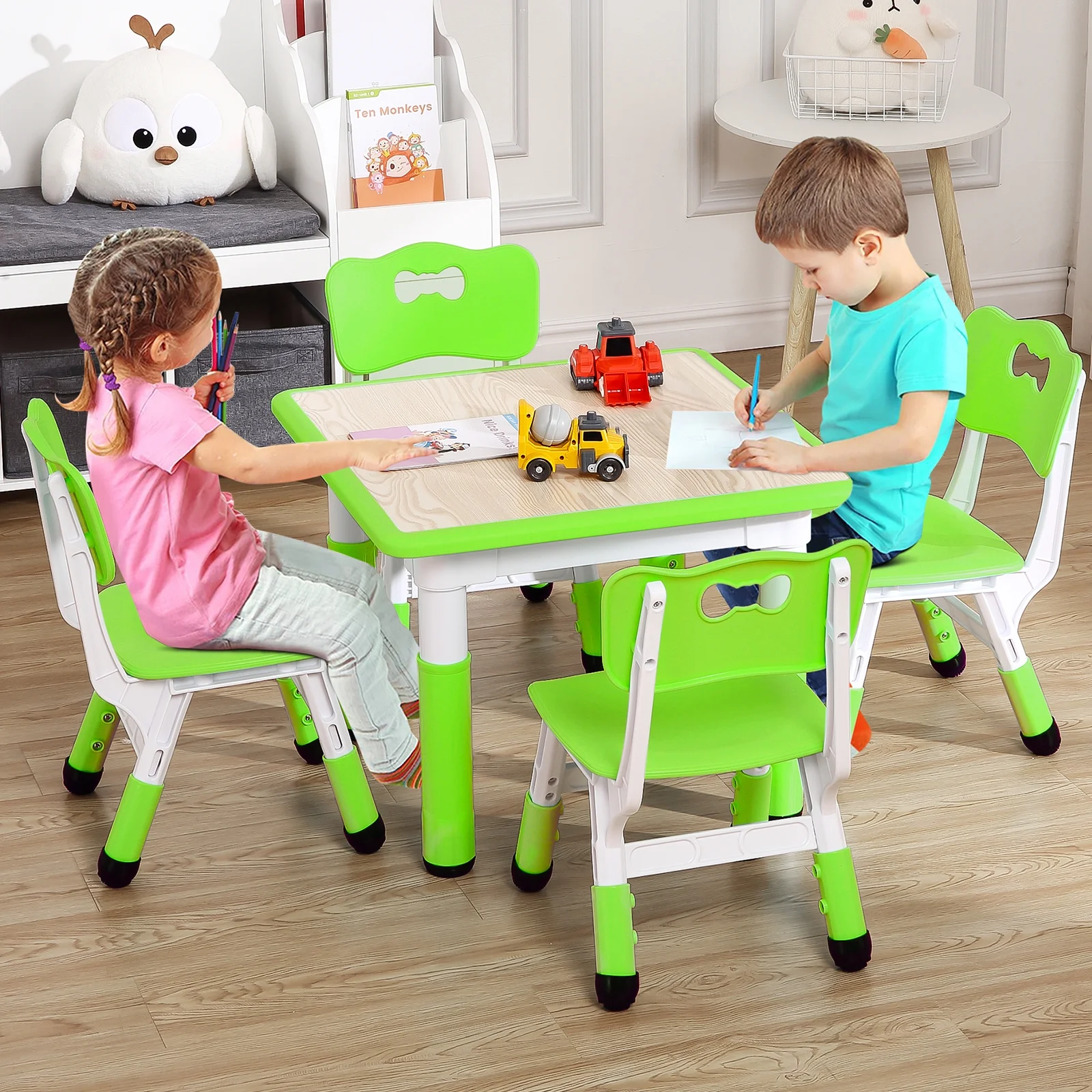 KATIDAP Kids Table and 4 Chairs Set, Height Adjustable Toddler Table and Chair Set, Graffiti Desktop, Classroom/Daycare/Home, Children Multi-Activity Table for Ages 2-8,Blue