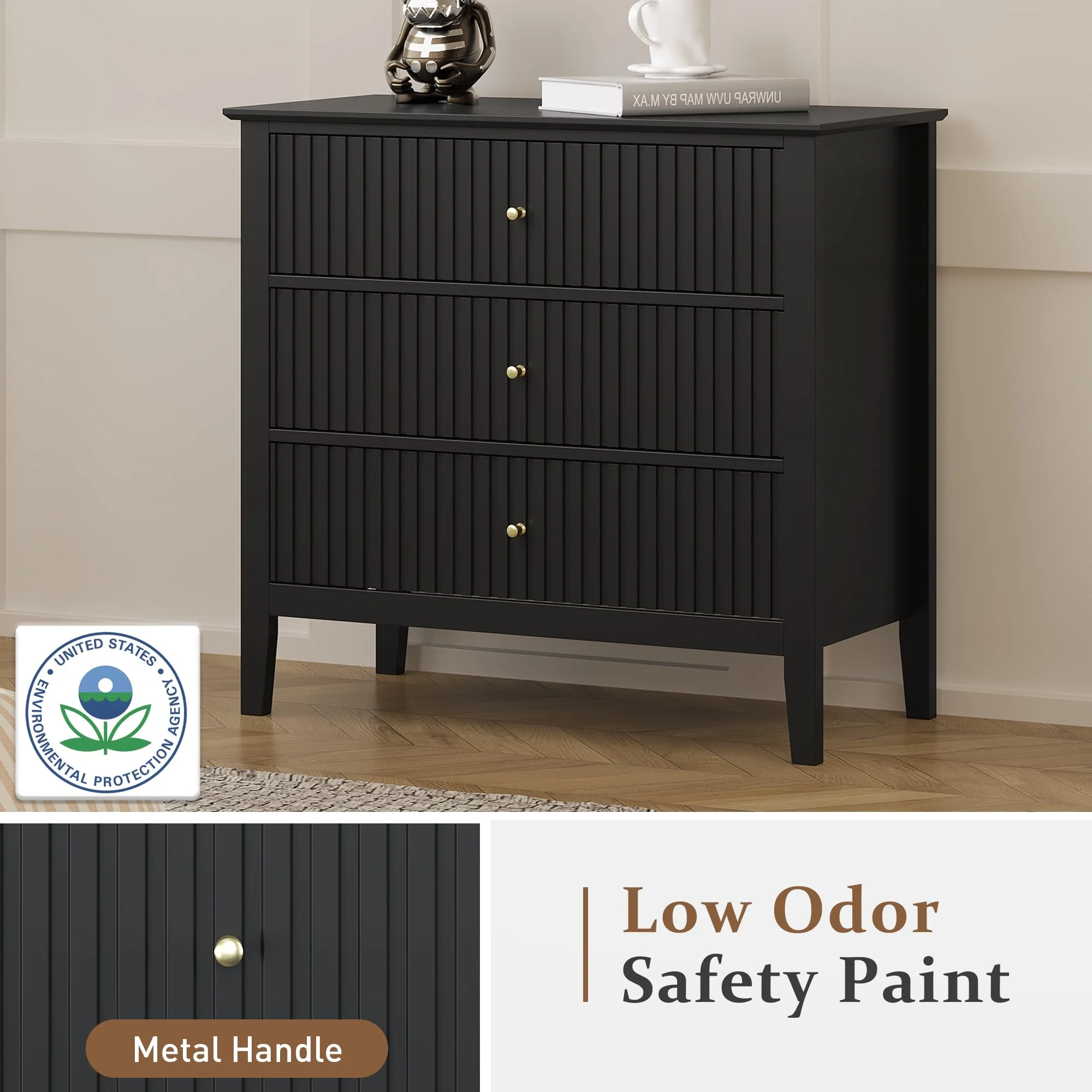 May Color Large White 3 Drawer Dresser Set of 2 with Fluted Panel, Modern Chest of Drawers with Silent Slide Drawers, Wood Accent Nightstand with Storage for Bedroom Living Room, Hallway
