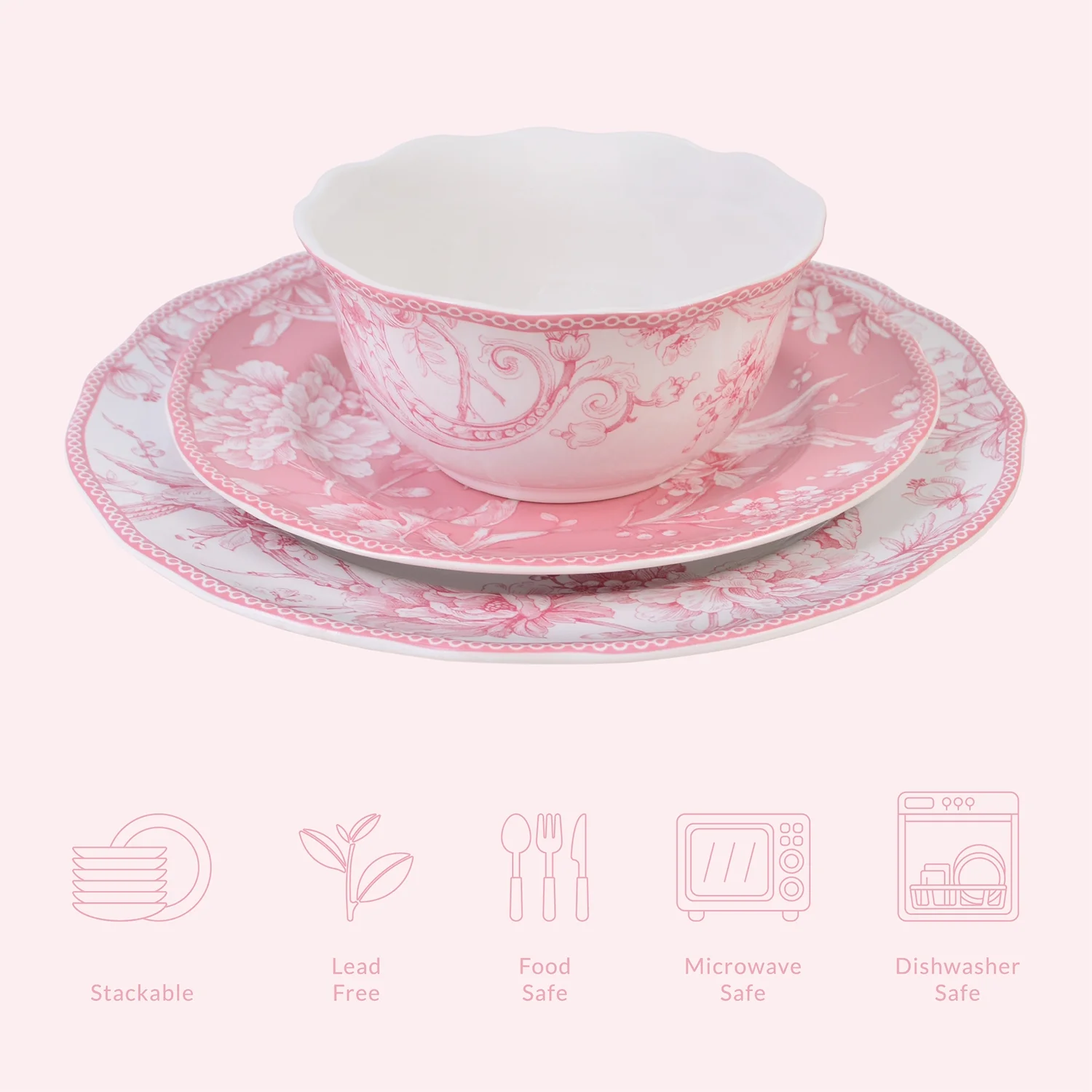 222 Fifth Adelaide Brown on White Porcelain 12 Piece Dinnerware Set, Plates & Bowls, Service for 4